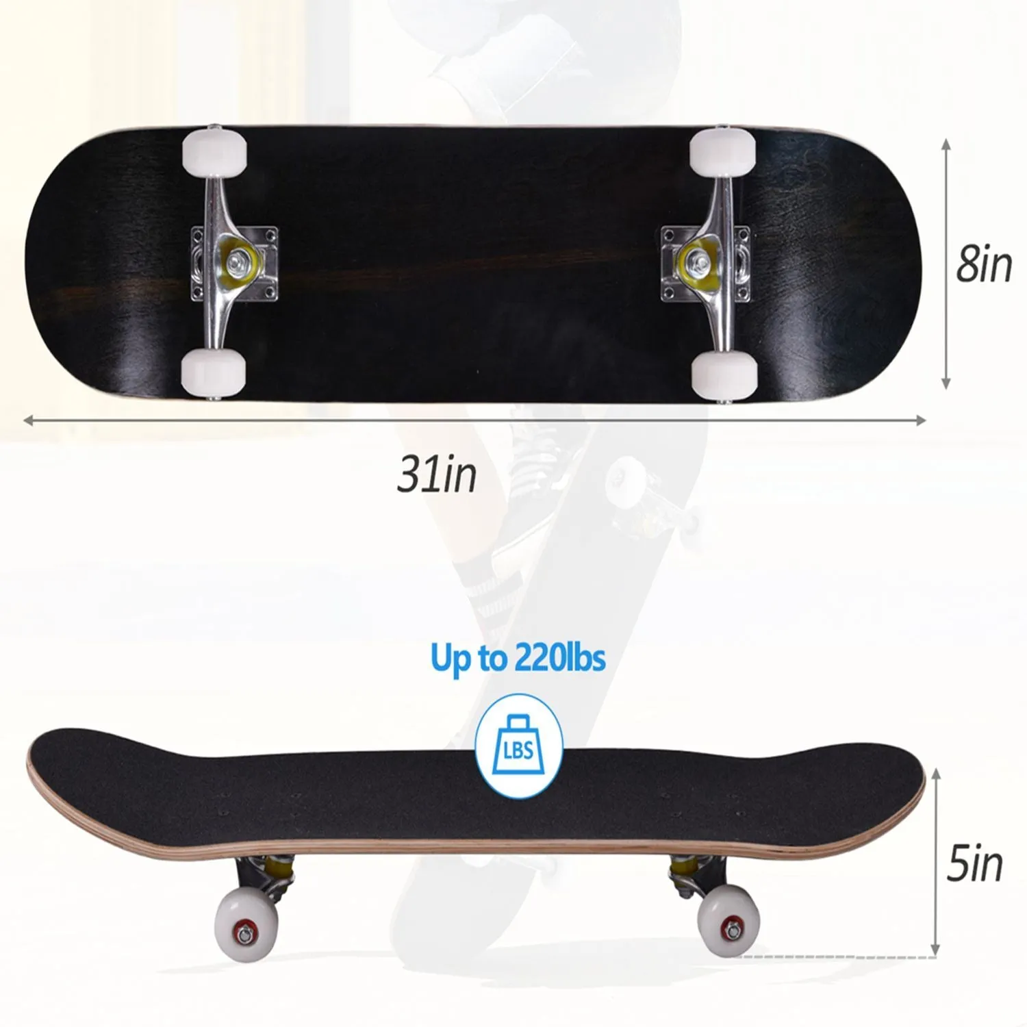 31" x 8" Complete Skateboard, Cruiser Board with 7 Layer Maple for Beginners Kids Boys Girls, Black