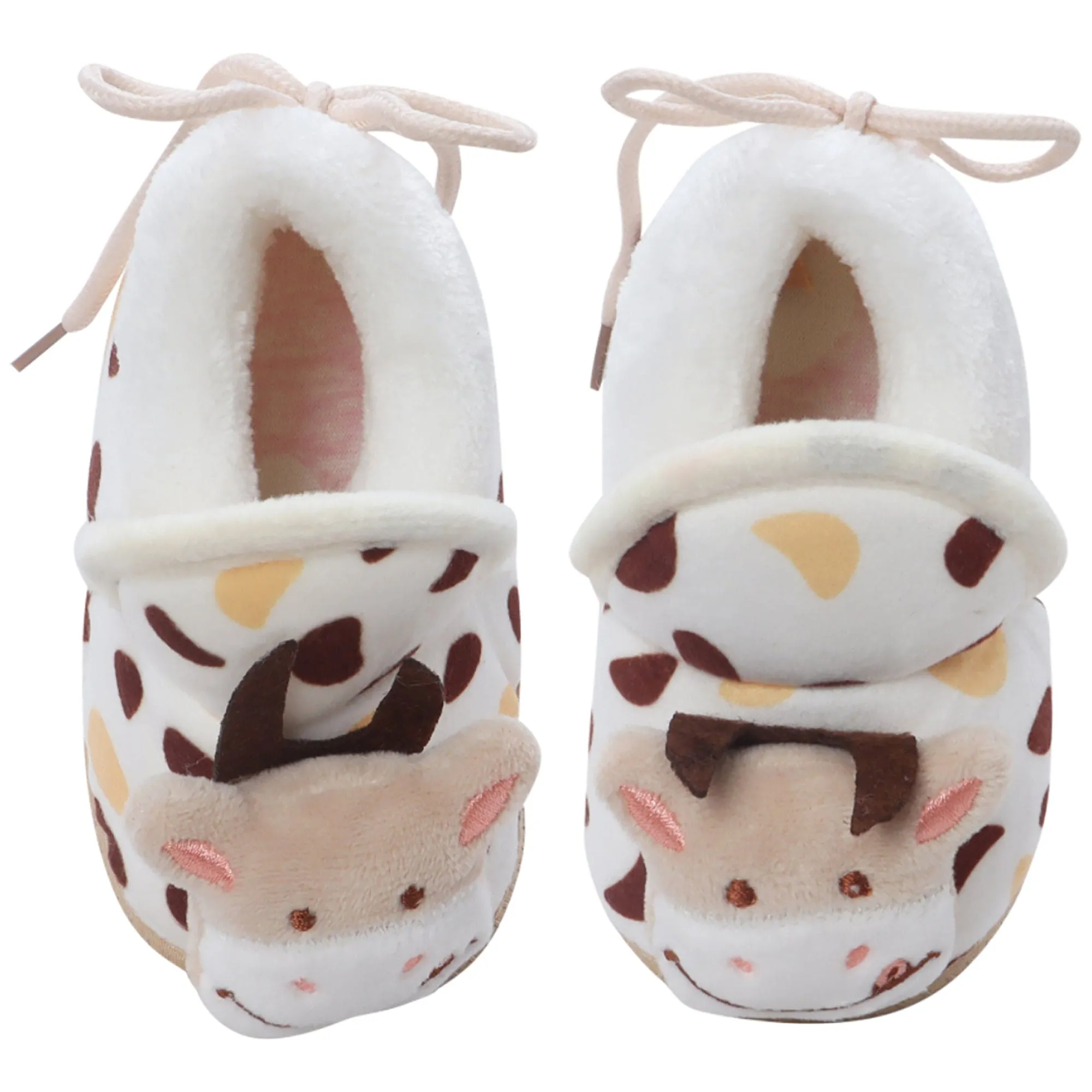 Baby Moo 3D Cow Abstract Spots Soft Slip-On Anti-Skid Plush Warm Booties - Beige