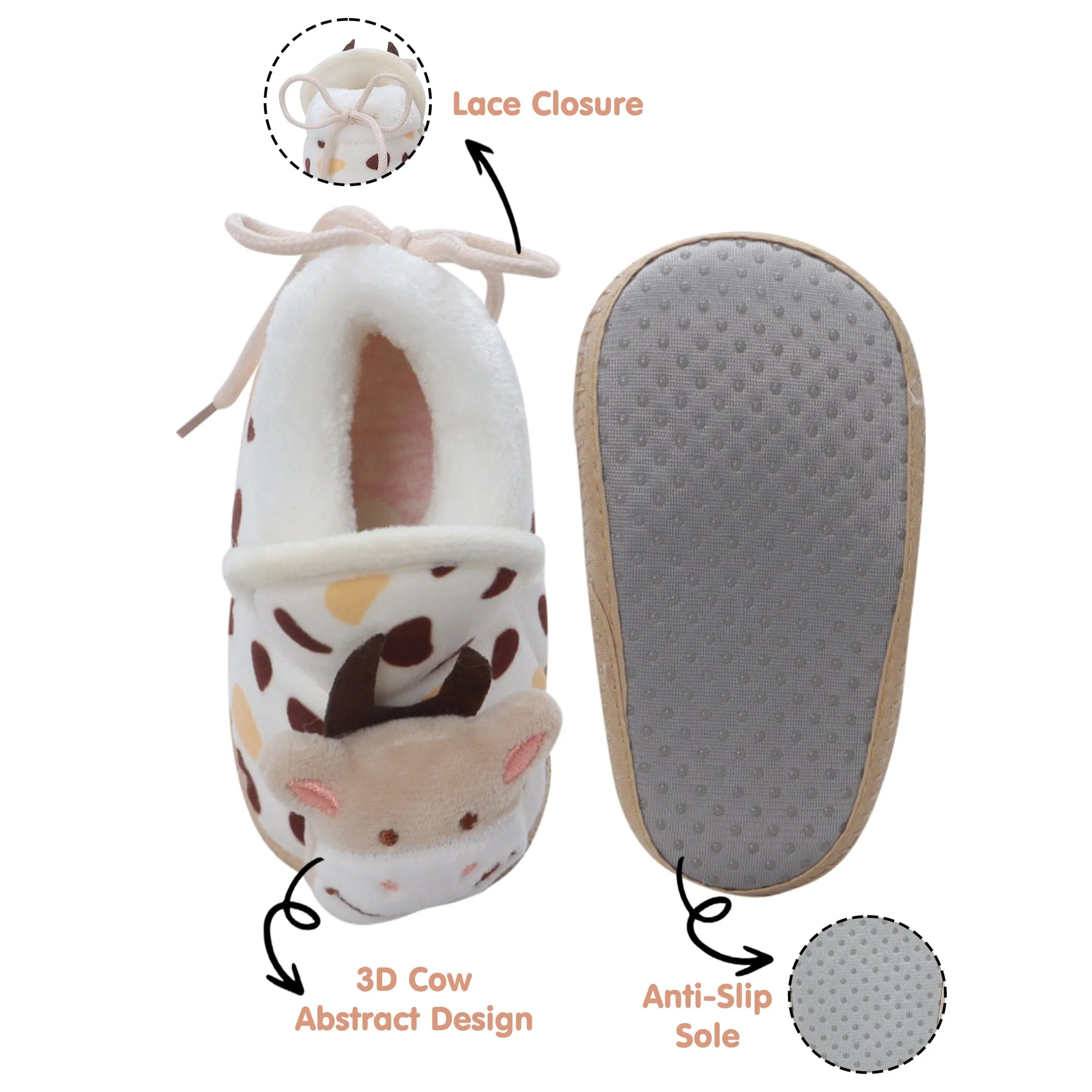 Baby Moo 3D Cow Abstract Spots Soft Slip-On Anti-Skid Plush Warm Booties - Beige