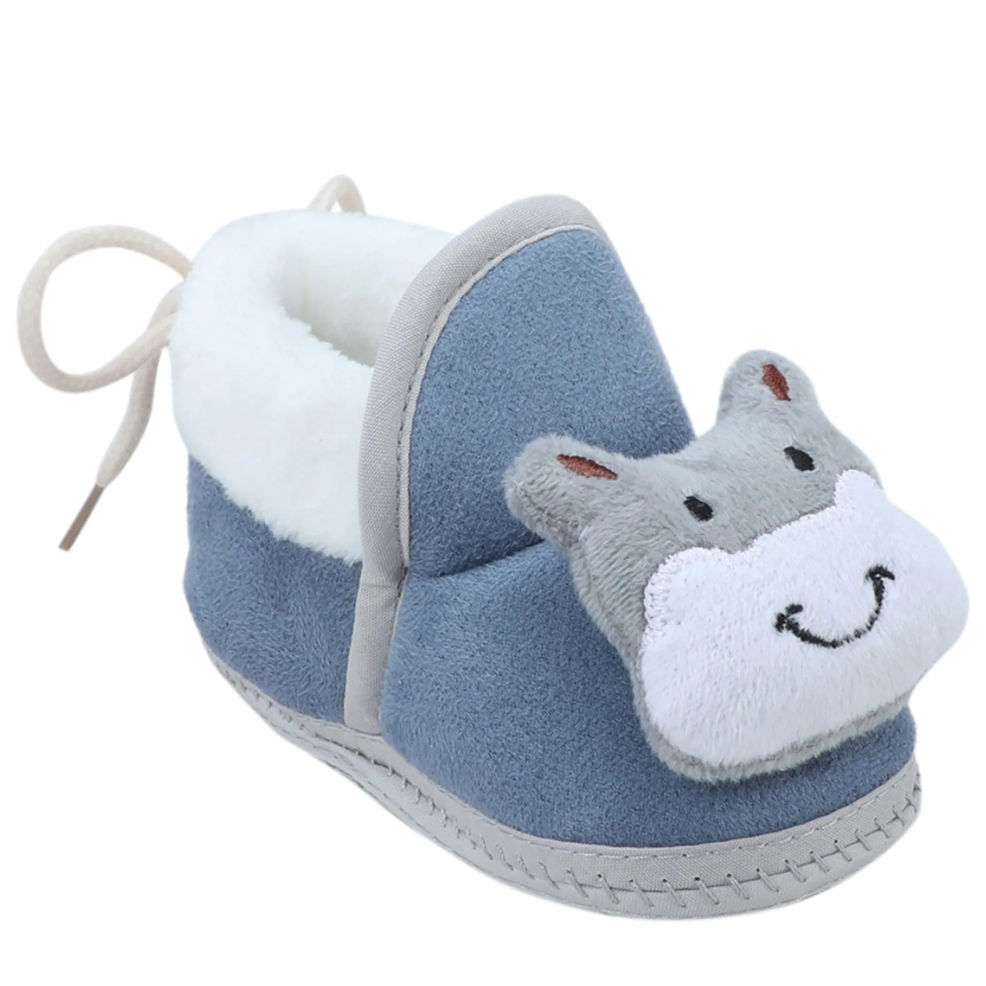 Baby Moo 3D Hippo Soft Slip-On Anti-Skid Plush Warm Booties - Blue