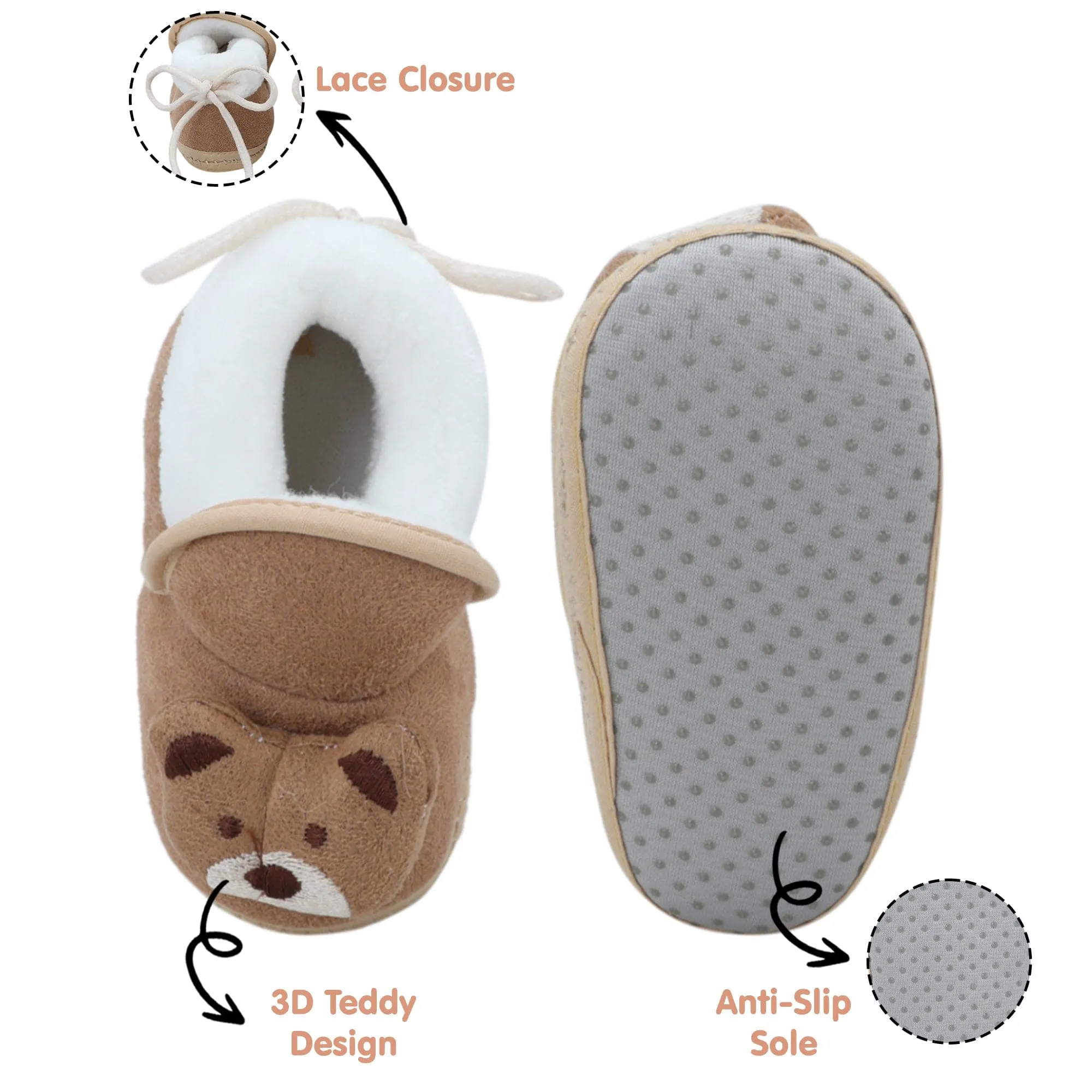 Baby Moo 3D Teddy Soft Slip-On Anti-Skid Plush Warm Booties - Brown