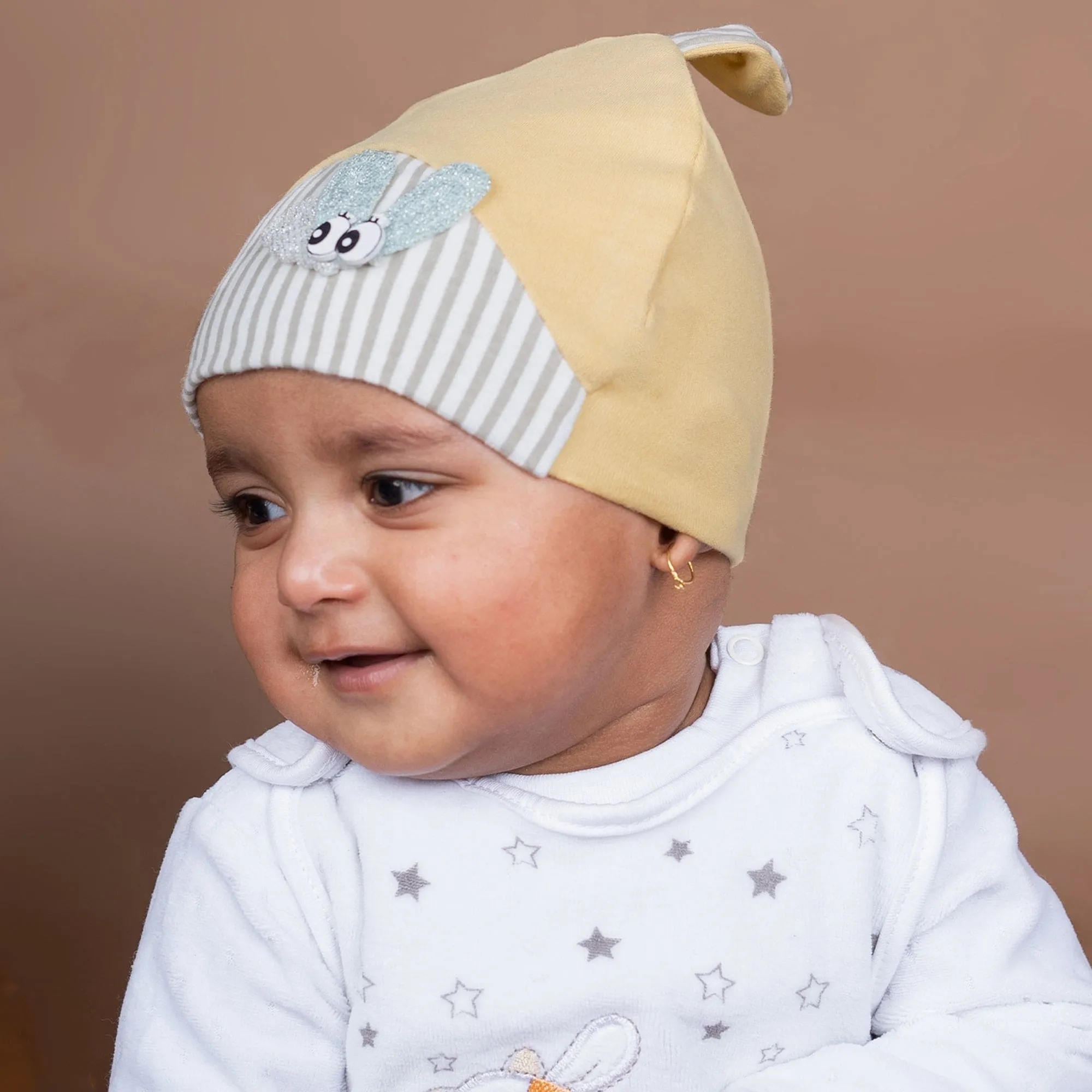 Baby Moo Busy Bee All Season Stretchable Hosiery Warm 3D Beanie Cap - Mustard