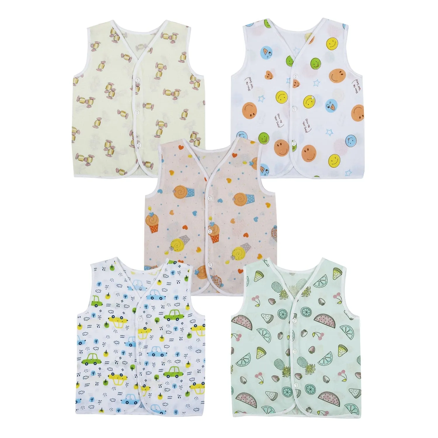 Baby Moo Car And Fruit Print V-Neck Sleeveless Front Opening Button Cotton Jhablas 5 Pcs - Yellow, Multicolour