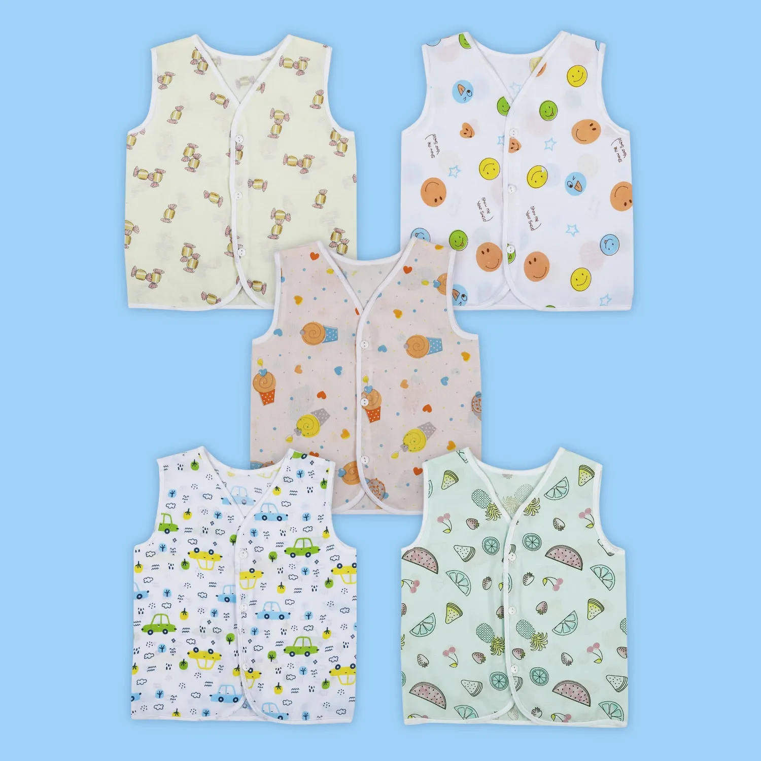 Baby Moo Car And Fruit Print V-Neck Sleeveless Front Opening Button Cotton Jhablas 5 Pcs - Yellow, Multicolour