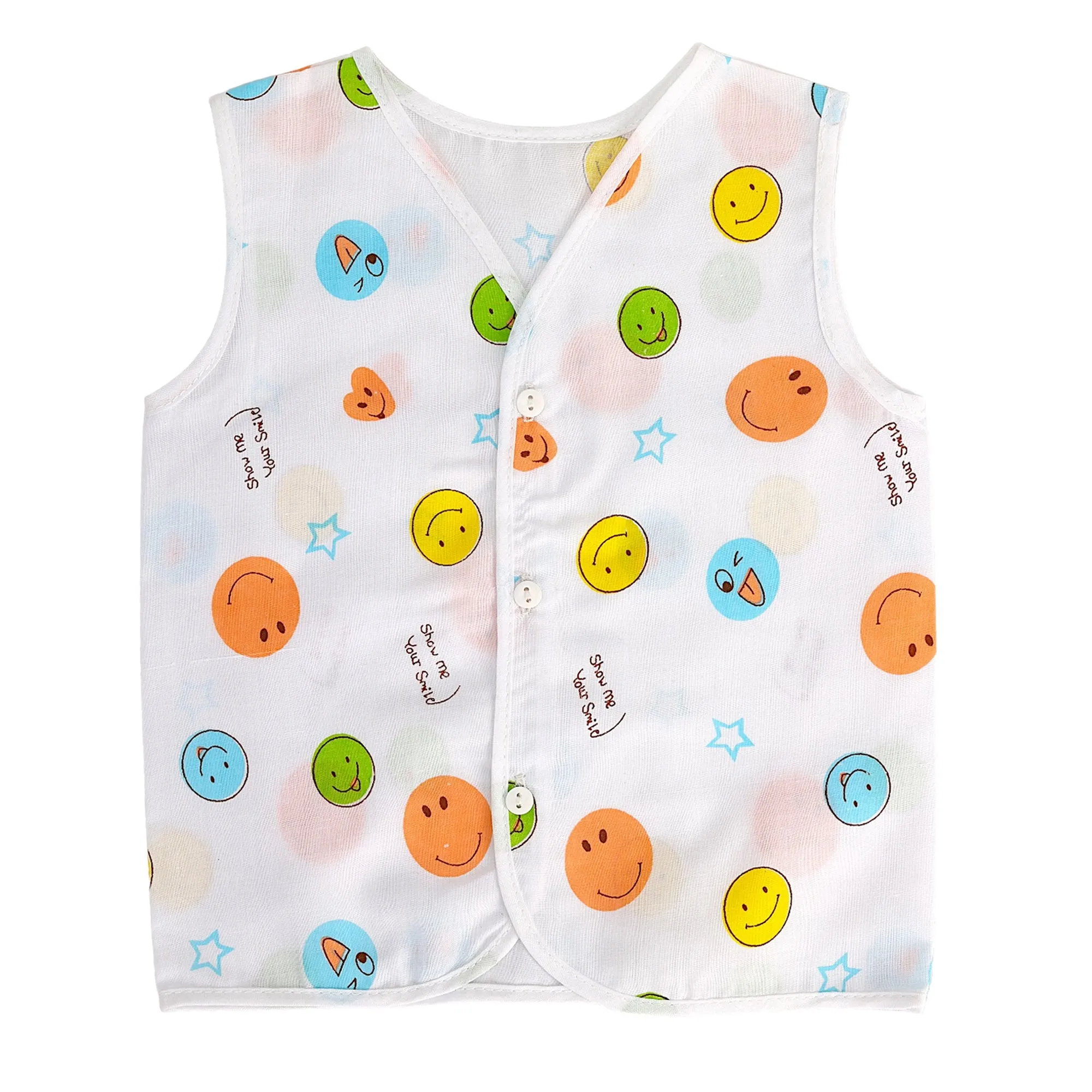 Baby Moo Car And Fruit Print V-Neck Sleeveless Front Opening Button Cotton Jhablas 5 Pcs - Yellow, Multicolour