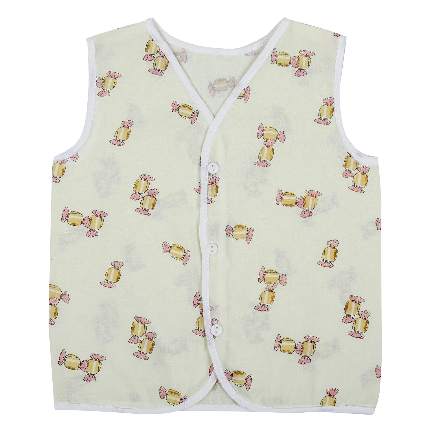 Baby Moo Car And Fruit Print V-Neck Sleeveless Front Opening Button Cotton Jhablas 5 Pcs - Yellow, Multicolour