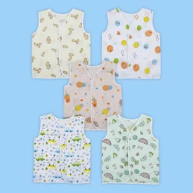 Baby Moo Car And Fruit Print V-Neck Sleeveless Front Opening Button Cotton Jhablas 5 Pcs - Yellow, Multicolour