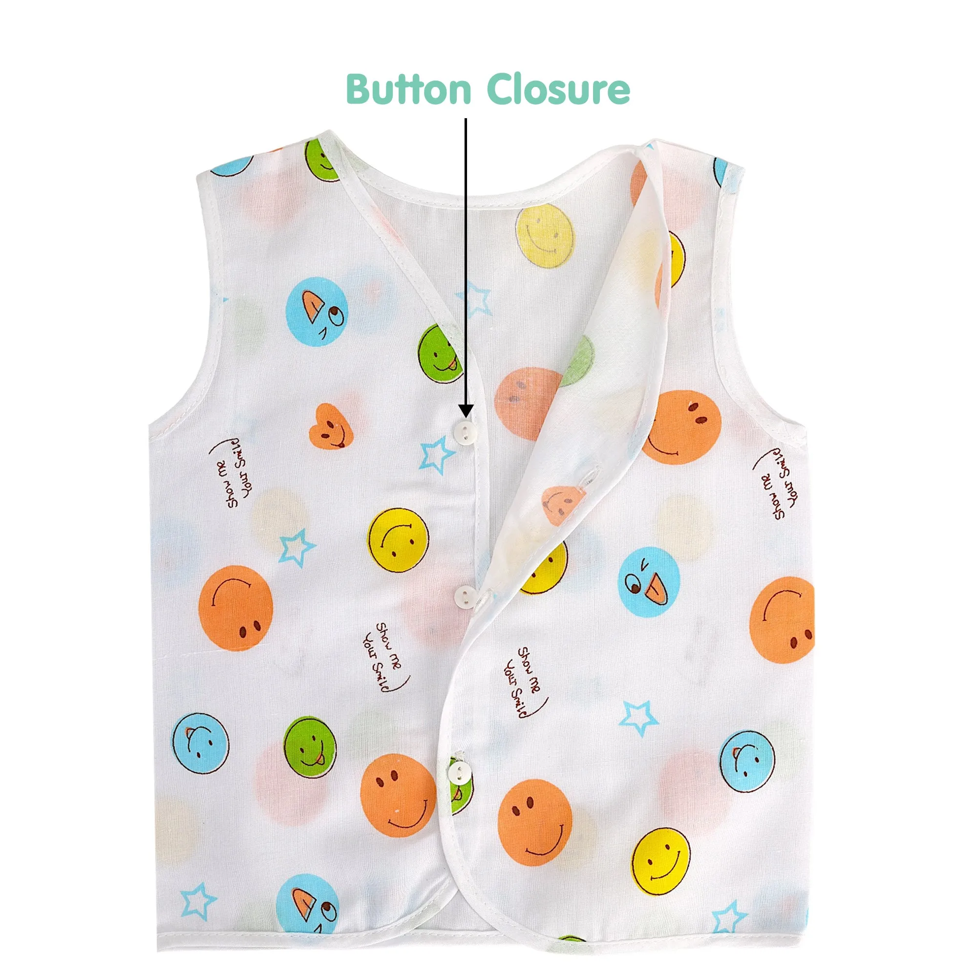 Baby Moo Car And Fruit Print V-Neck Sleeveless Front Opening Button Cotton Jhablas 5 Pcs - Yellow, Multicolour