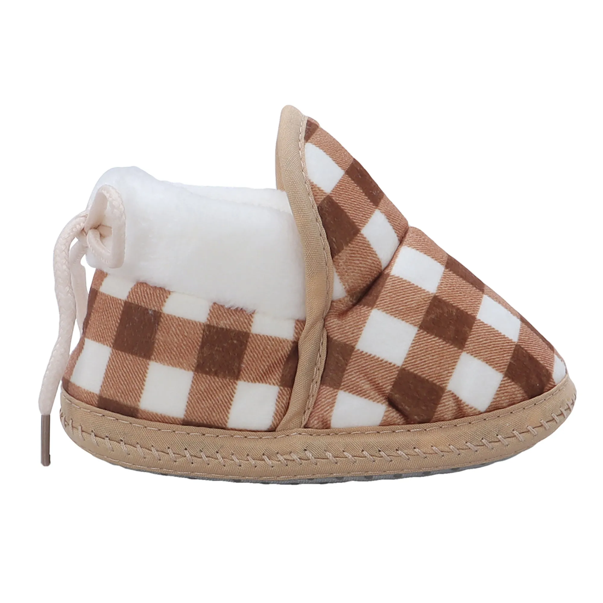 Baby Moo Checked Soft Slip-On Anti-Skid Plush Warm Booties - Brown