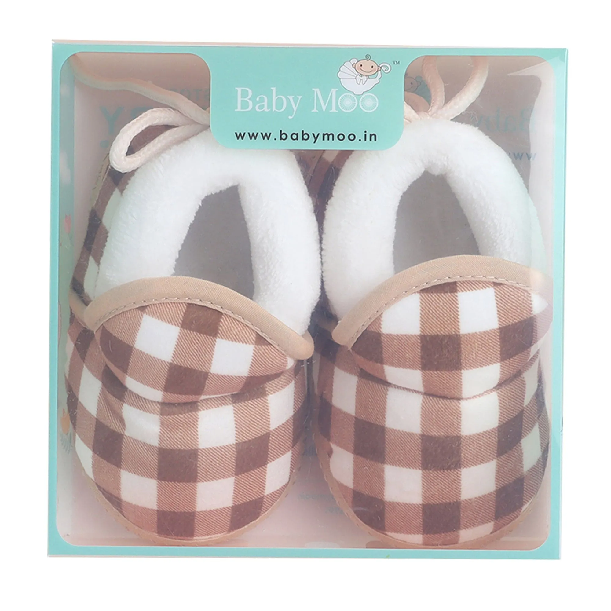 Baby Moo Checked Soft Slip-On Anti-Skid Plush Warm Booties - Brown