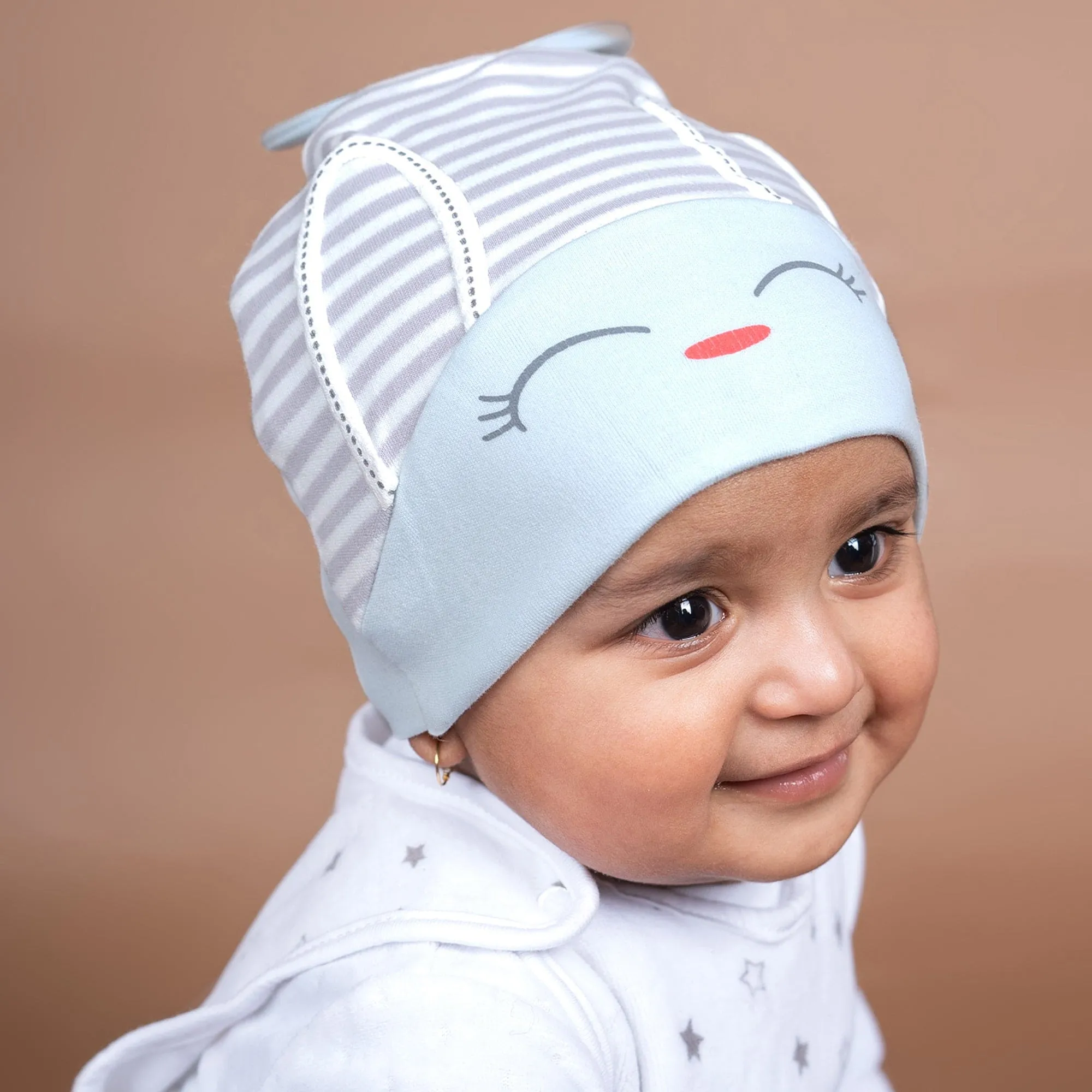 Baby Moo Jolly Kitty All Season Stretchable Hosiery Warm 3D Beanie Cap - Blue