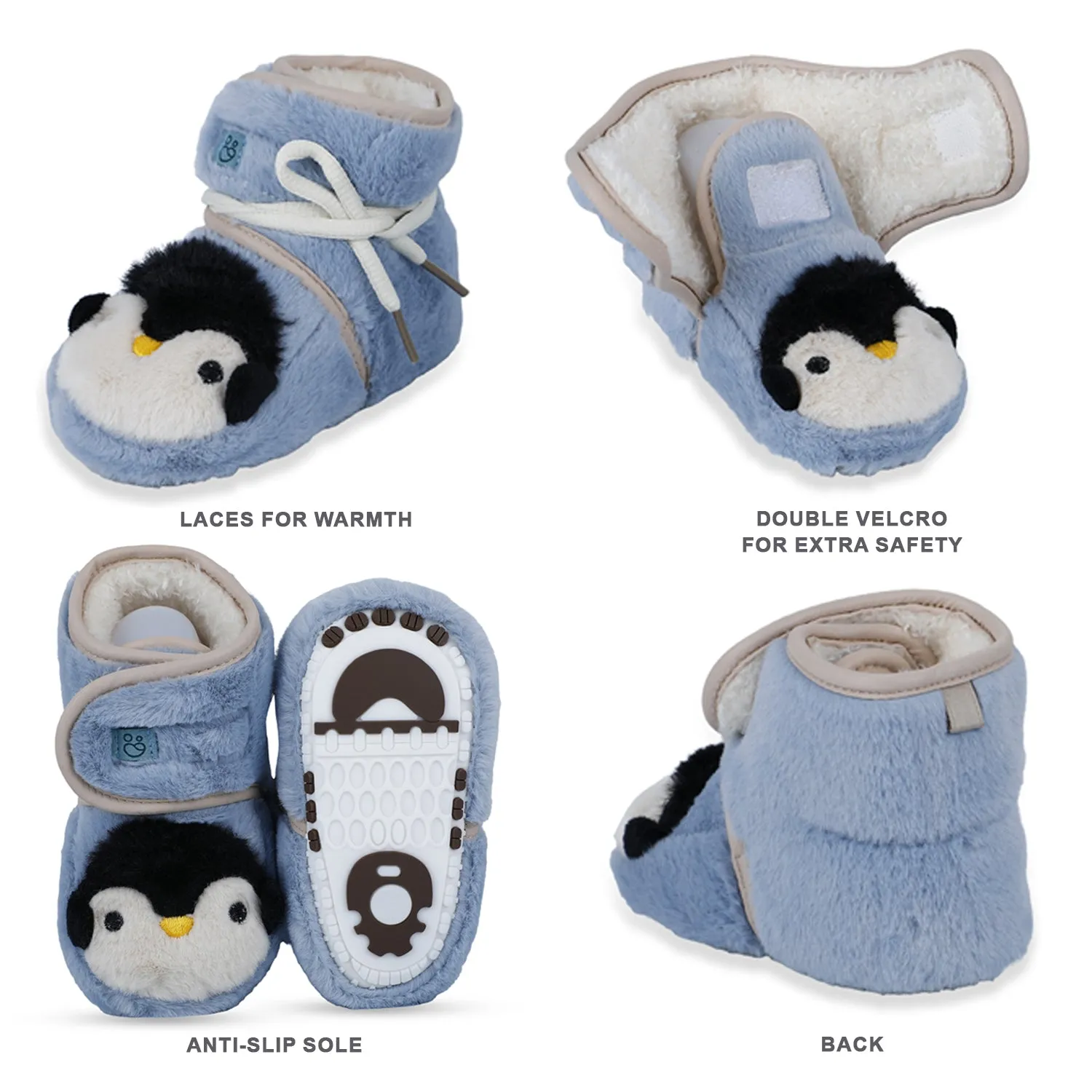 Baby Moo Penguin Warm Veclro Strap Fur Booties - Blue