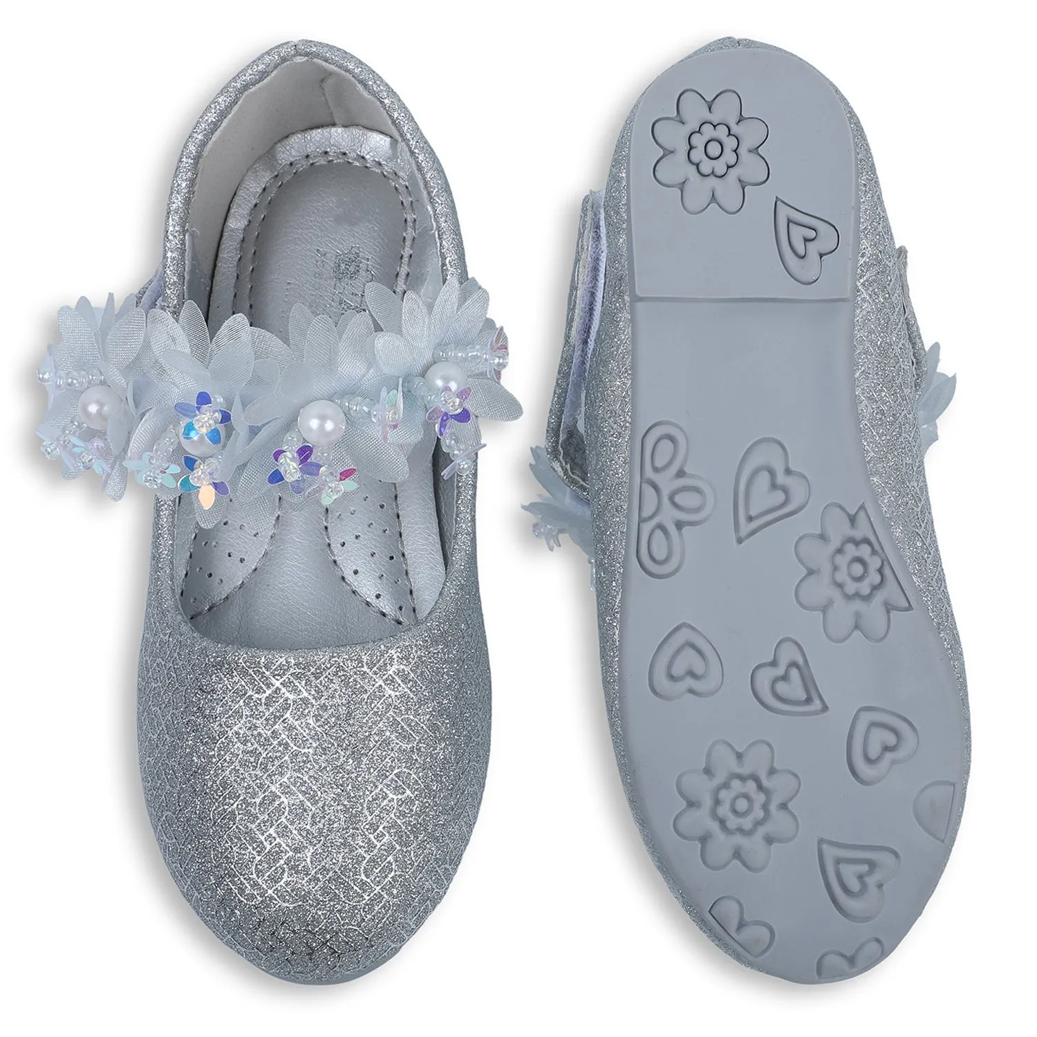 Baby Moo x Bash Kids Princess Floral Applique Mary Jane Ballerinas - Silver