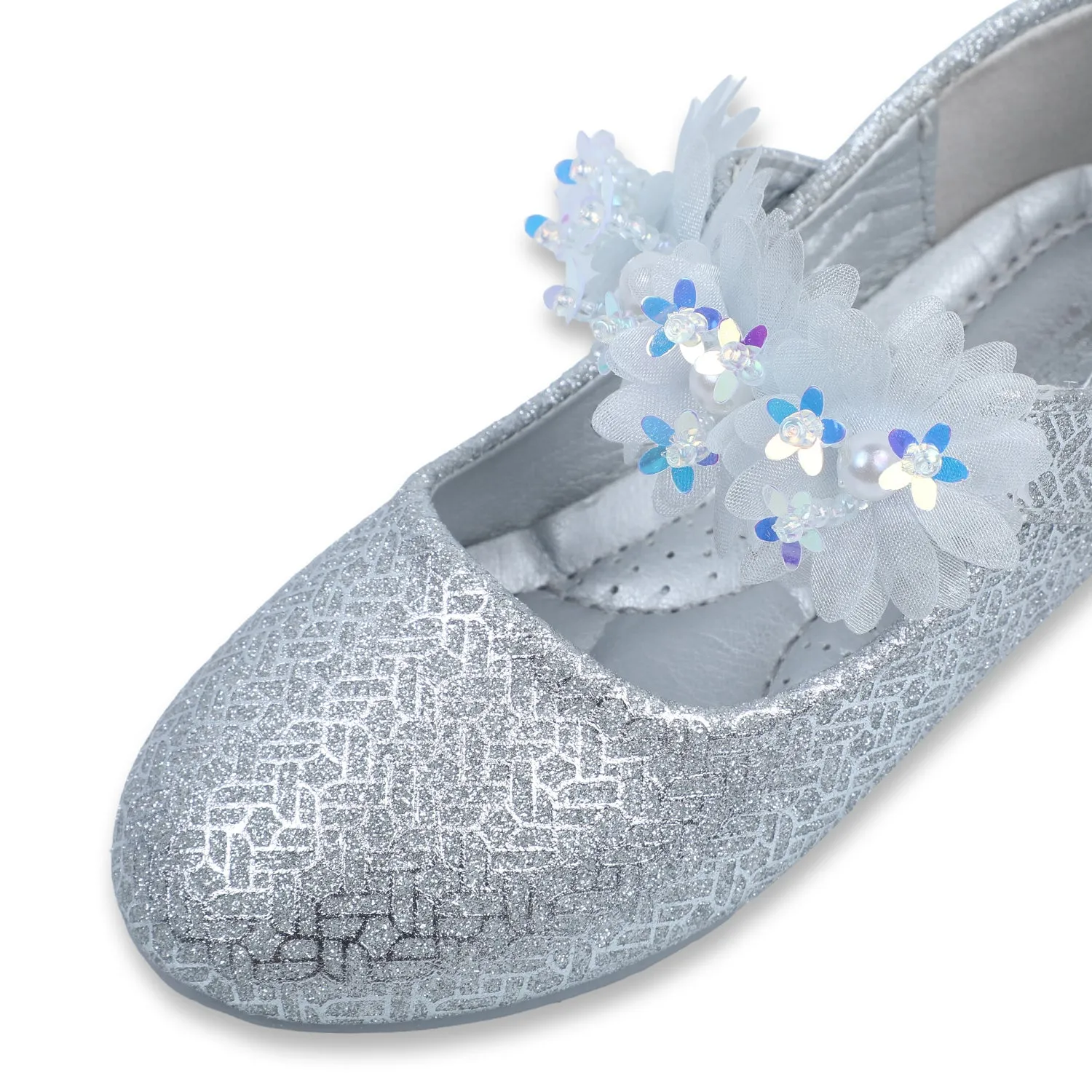 Baby Moo x Bash Kids Princess Floral Applique Mary Jane Ballerinas - Silver