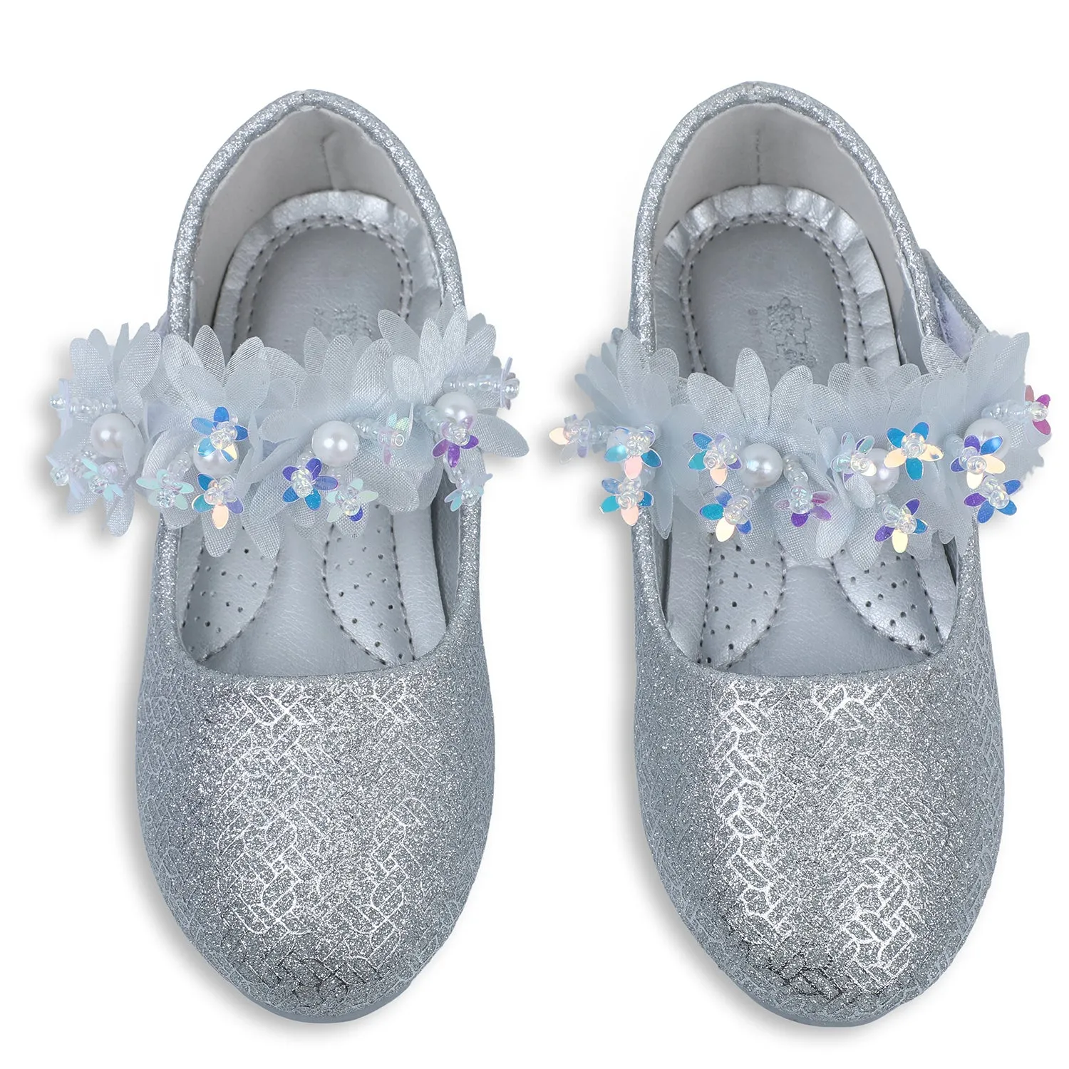 Baby Moo x Bash Kids Princess Floral Applique Mary Jane Ballerinas - Silver