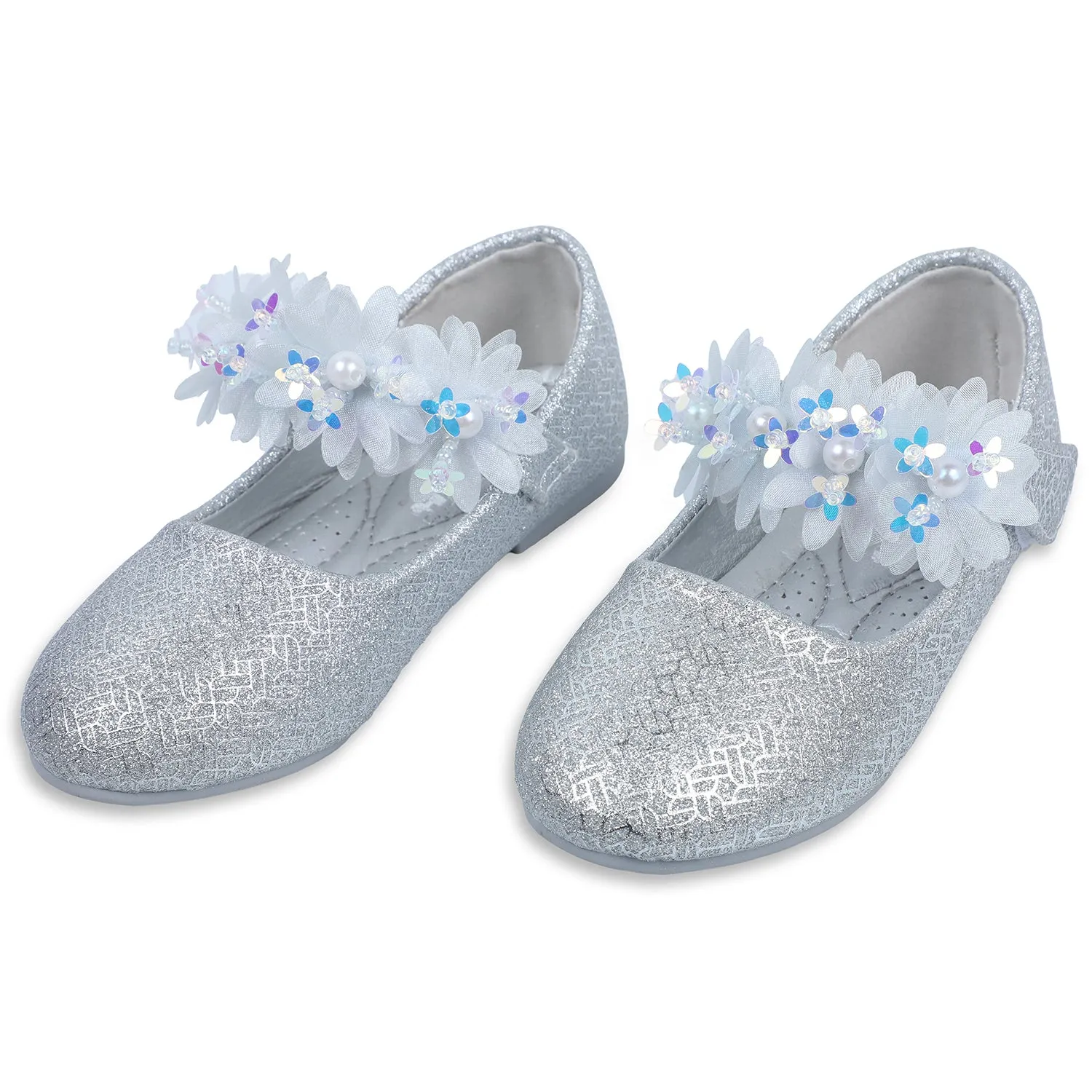 Baby Moo x Bash Kids Princess Floral Applique Mary Jane Ballerinas - Silver