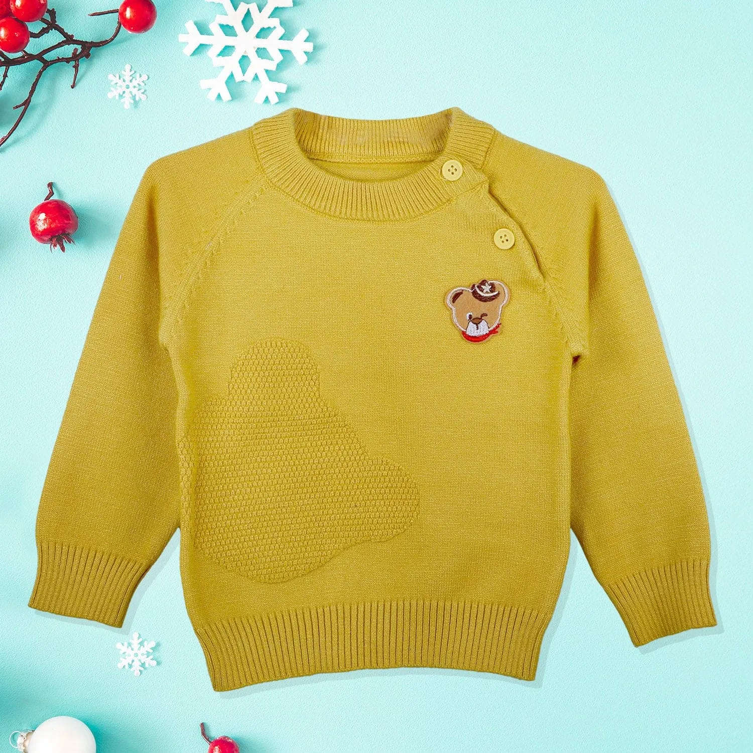 Bear Embroidery Premium Full Sleeves Knitted Sweater - Mustard