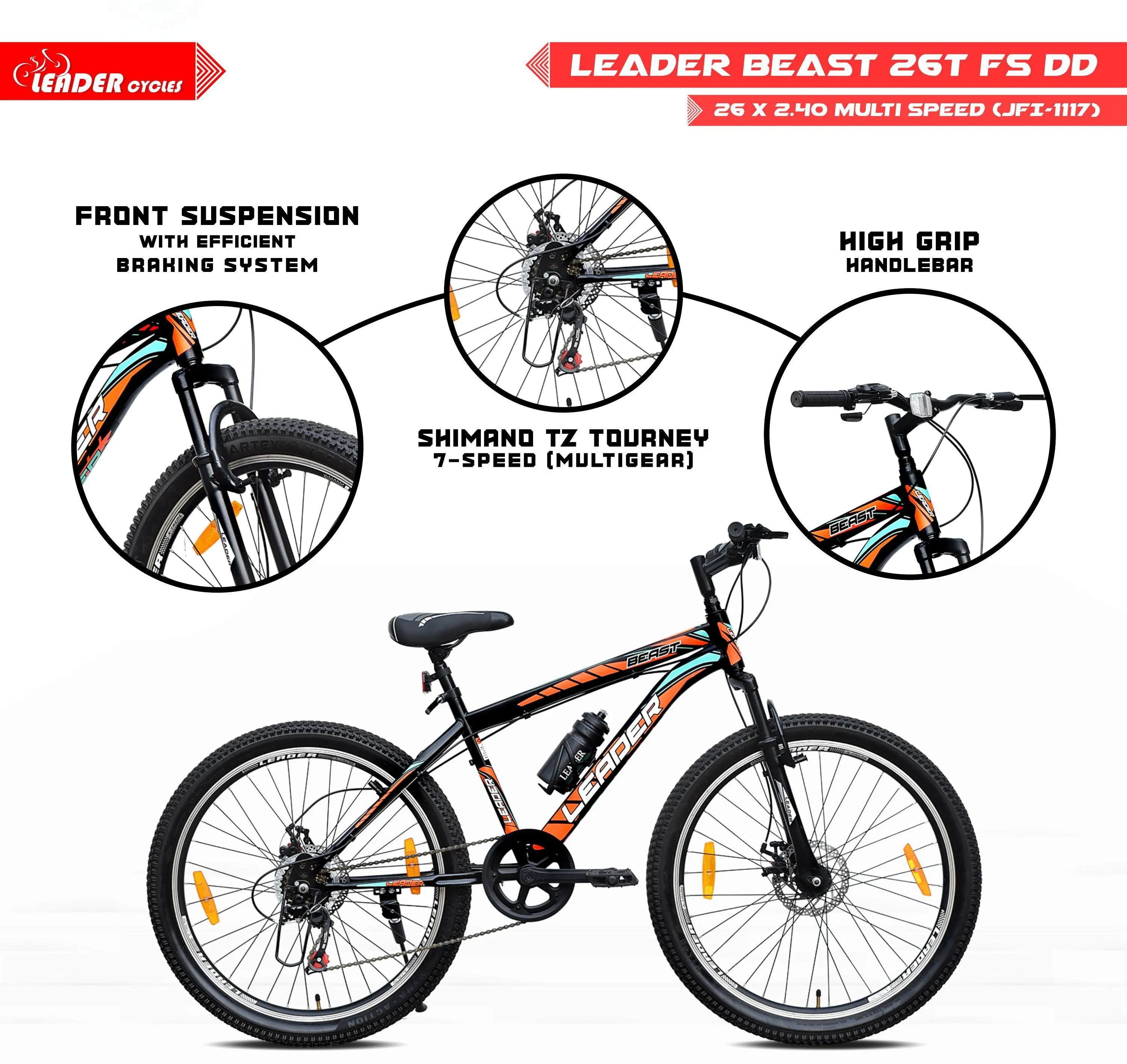 Beast 26t Multispeed (7 Speed) Mountain Bike With Dual Disc Brake And Front Suspension 26 T Hybrid Cycle/city Bike (7 Gear | Black)