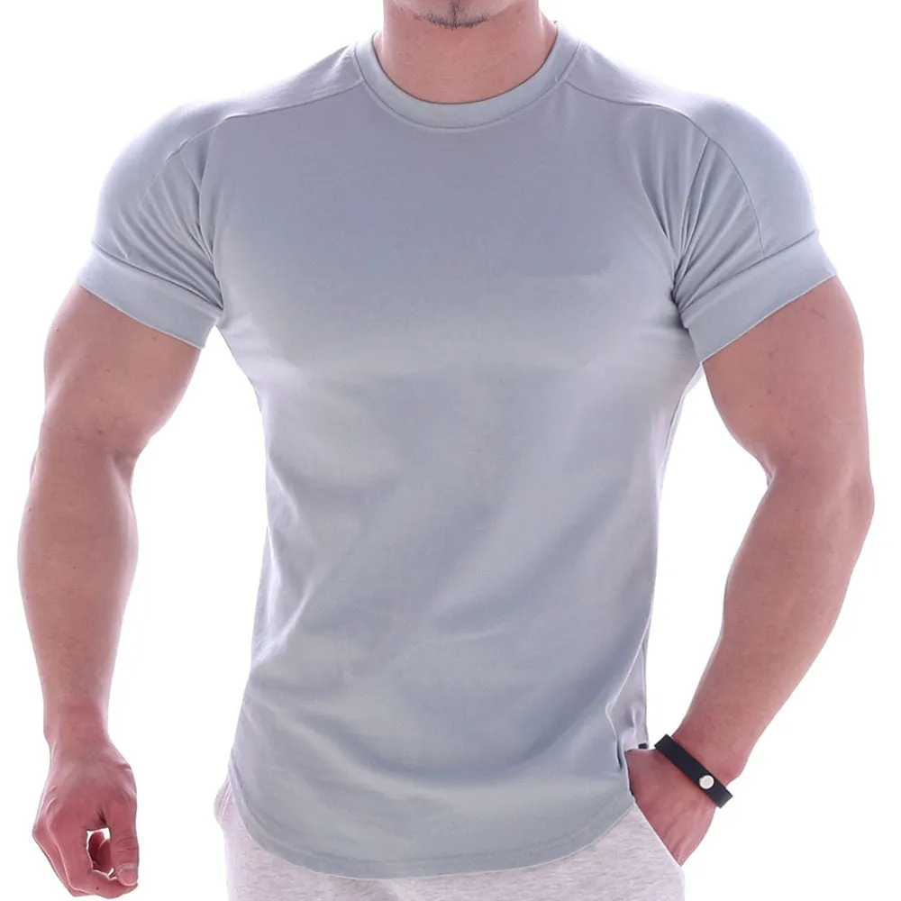 Casual Solid Short Sleeve T-shirt Men Gym Fitness Sports Cotton Shirt Male Bodybuilding Skinny Tee Tops Summer Training Clothes