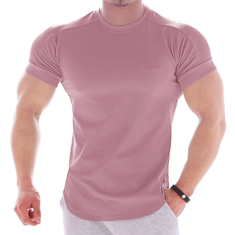 Casual Solid Short Sleeve T-shirt Men Gym Fitness Sports Cotton Shirt Male Bodybuilding Skinny Tee Tops Summer Training Clothes