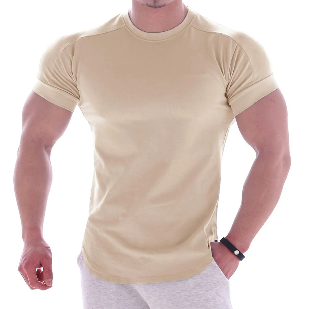 Casual Solid Short Sleeve T-shirt Men Gym Fitness Sports Cotton Shirt Male Bodybuilding Skinny Tee Tops Summer Training Clothes