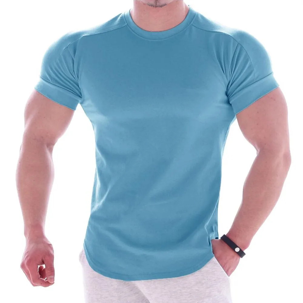 Casual Solid Short Sleeve T-shirt Men Gym Fitness Sports Cotton Shirt Male Bodybuilding Skinny Tee Tops Summer Training Clothes