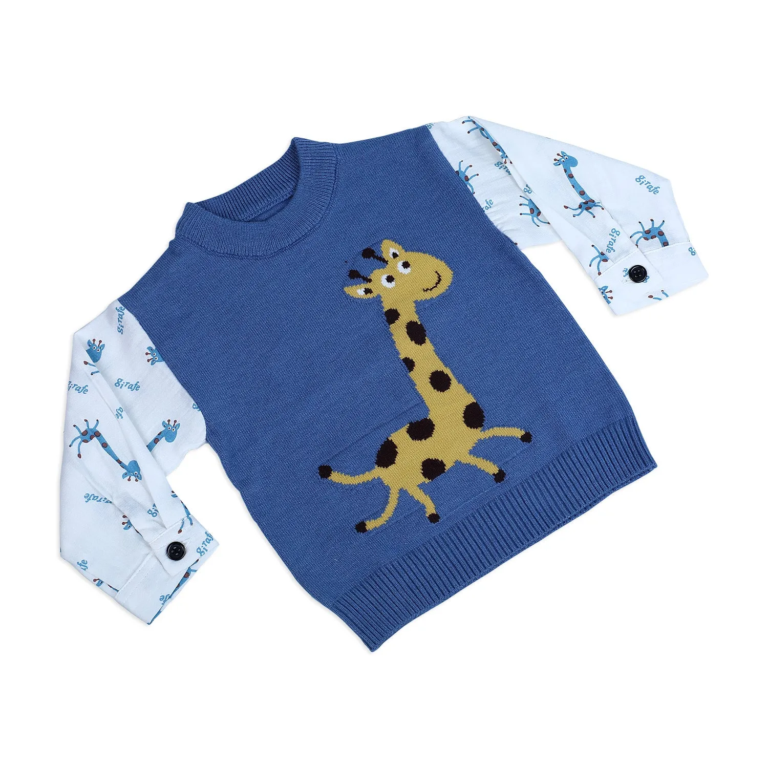 Cute Giraffe Premium Full Sleeves Knitted Sweater - Blue And White