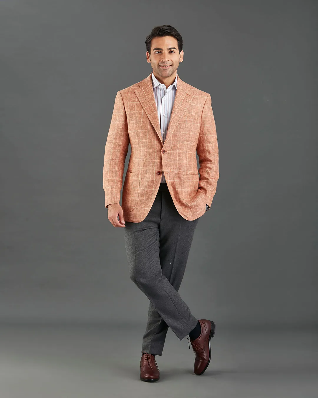 Ethomas Light Orange Beige Windowpane Plaid Jacket