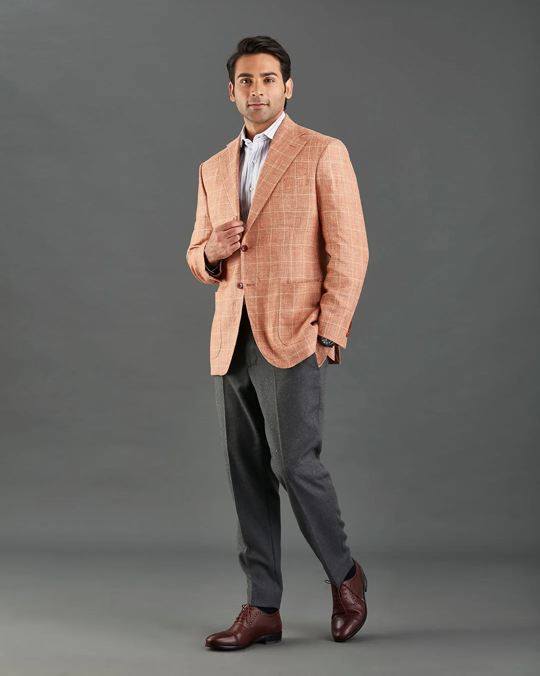 Ethomas Light Orange Beige Windowpane Plaid Jacket