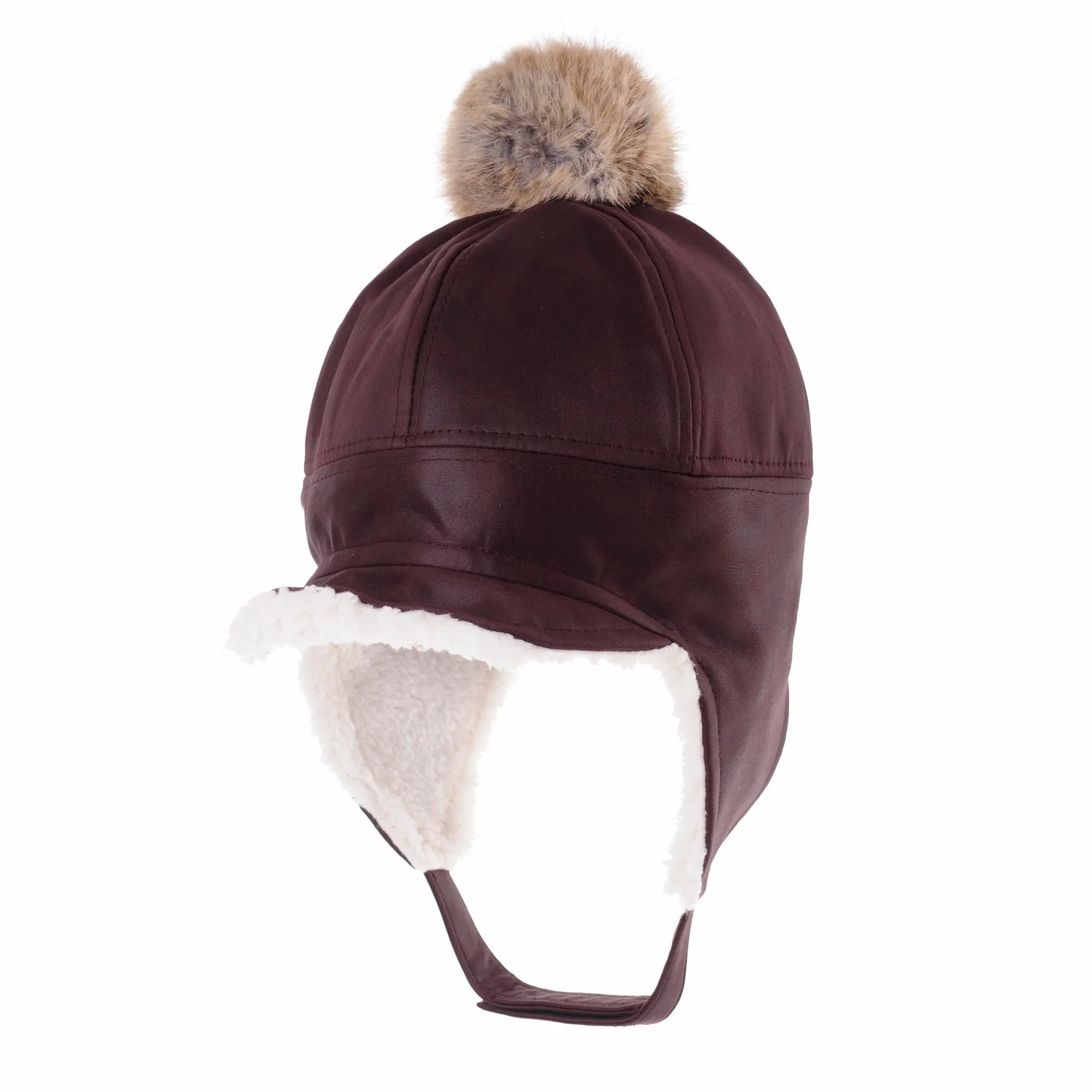 Faux Leather Aviator Trooper Hat Detachable Fur Pom SL7550