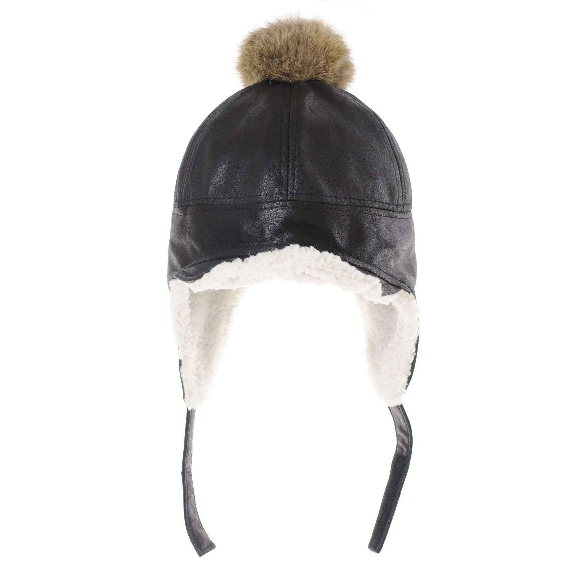 Faux Leather Aviator Trooper Hat Detachable Fur Pom SL7550