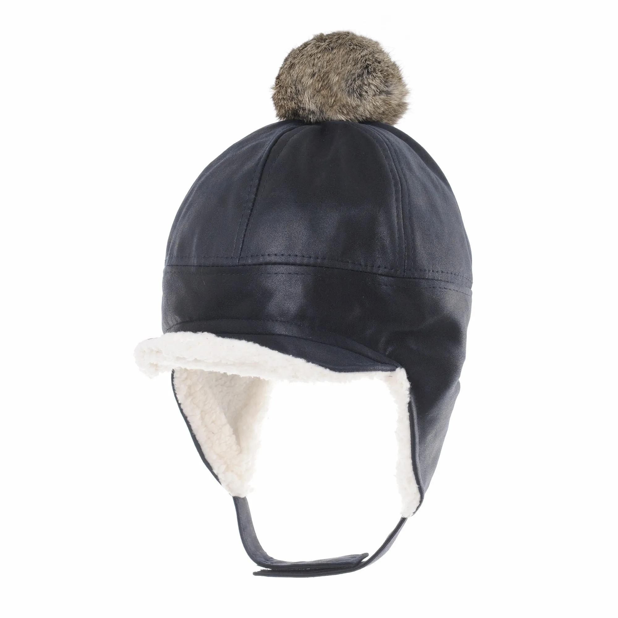 Faux Leather Aviator Trooper Hat Detachable Fur Pom SL7550