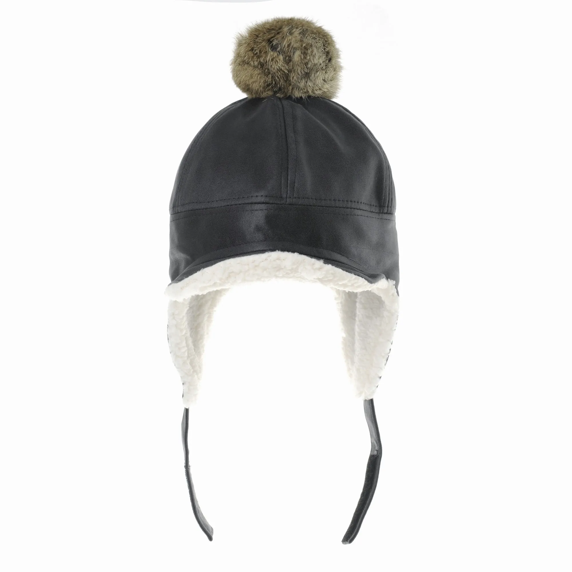 Faux Leather Aviator Trooper Hat Detachable Fur Pom SL7550