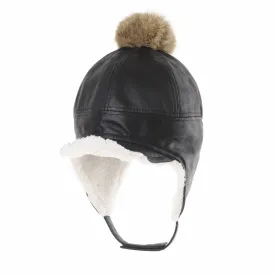 Faux Leather Aviator Trooper Hat Detachable Fur Pom SL7550