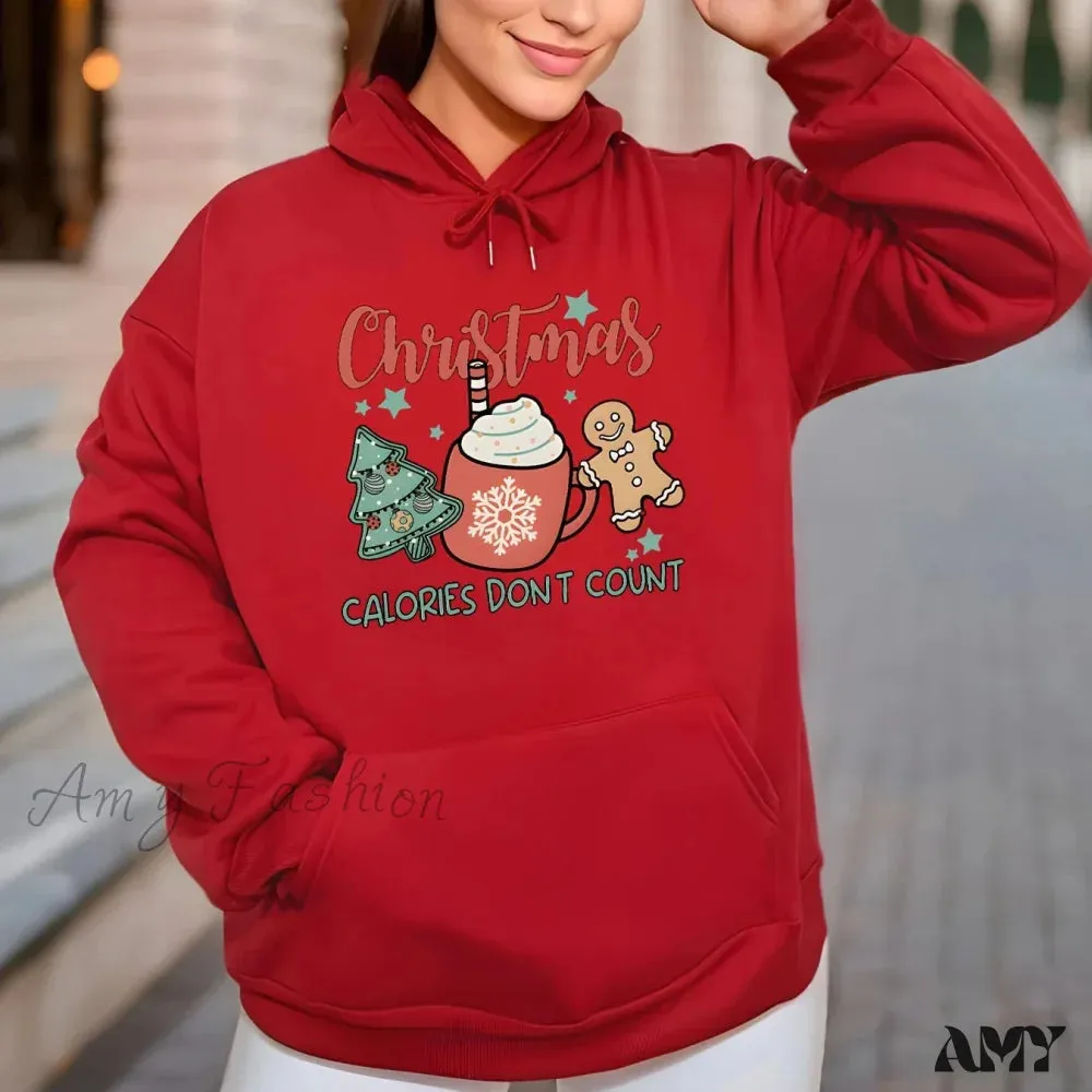 Fleece Lined Drawstring Sports Hoodie with Christmas Tree Design