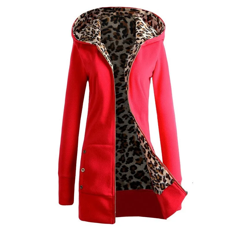 Good Quality Winter Warm Fashion Women Lady Long Sleeve Hoodies Sweatshirt Slim Fit Leopard Coat Jacket Outerwear