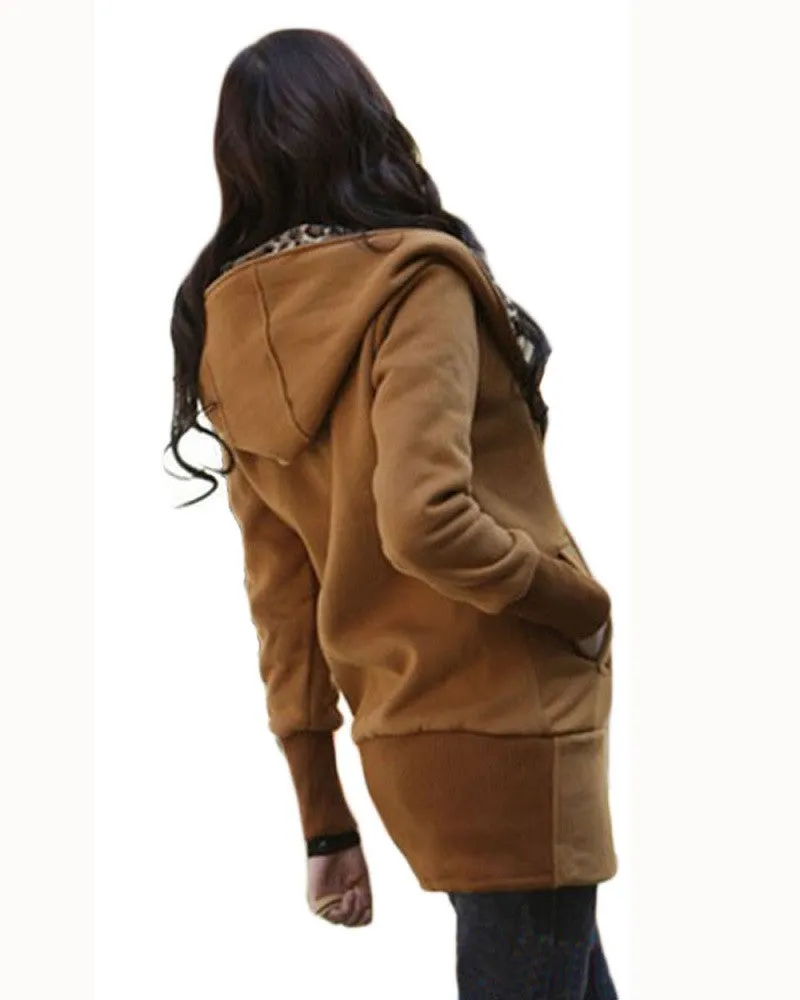 Good Quality Winter Warm Fashion Women Lady Long Sleeve Hoodies Sweatshirt Slim Fit Leopard Coat Jacket Outerwear