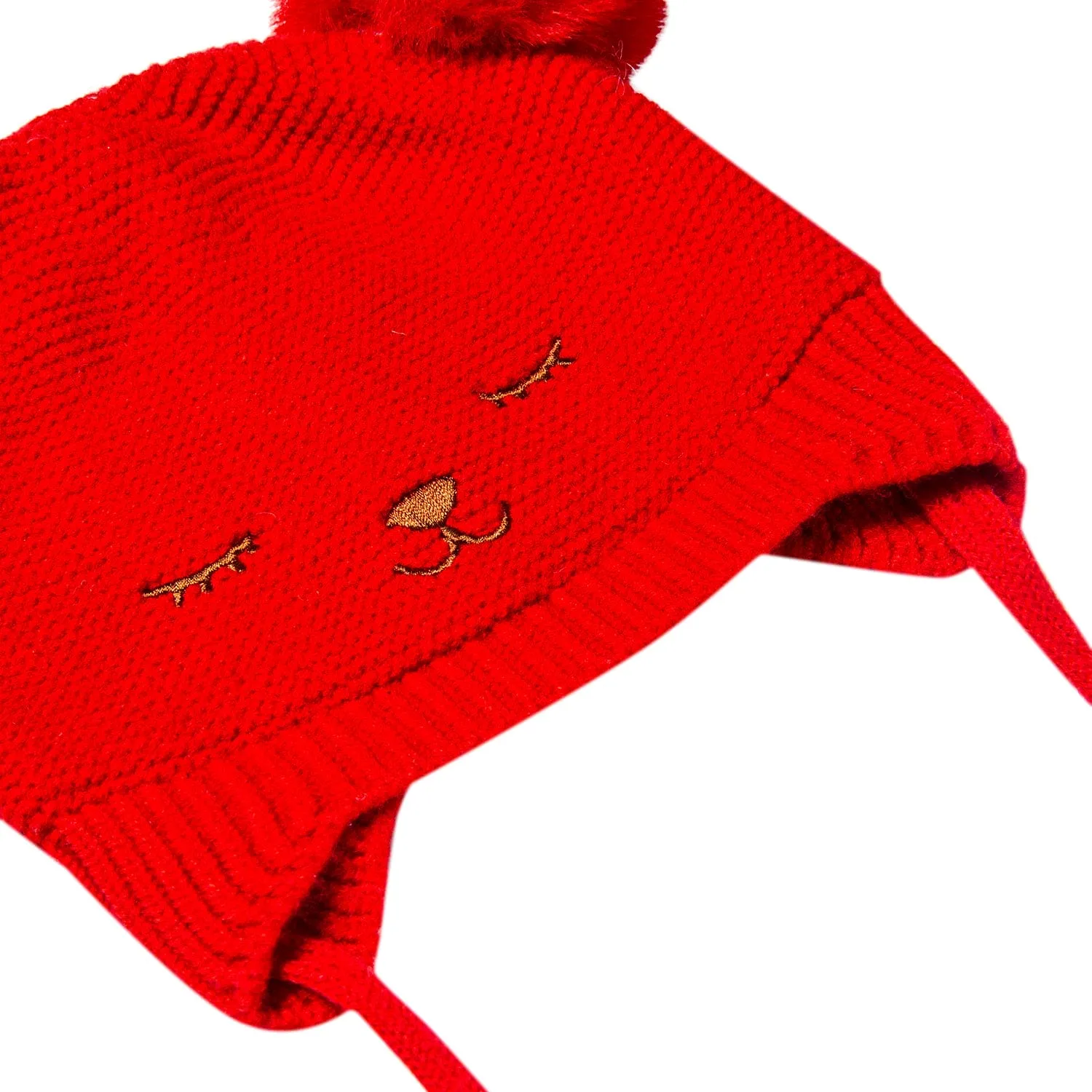 Knit Woollen Cap With Tie Knot For Ear Cover Sleeping Pom Pom Red