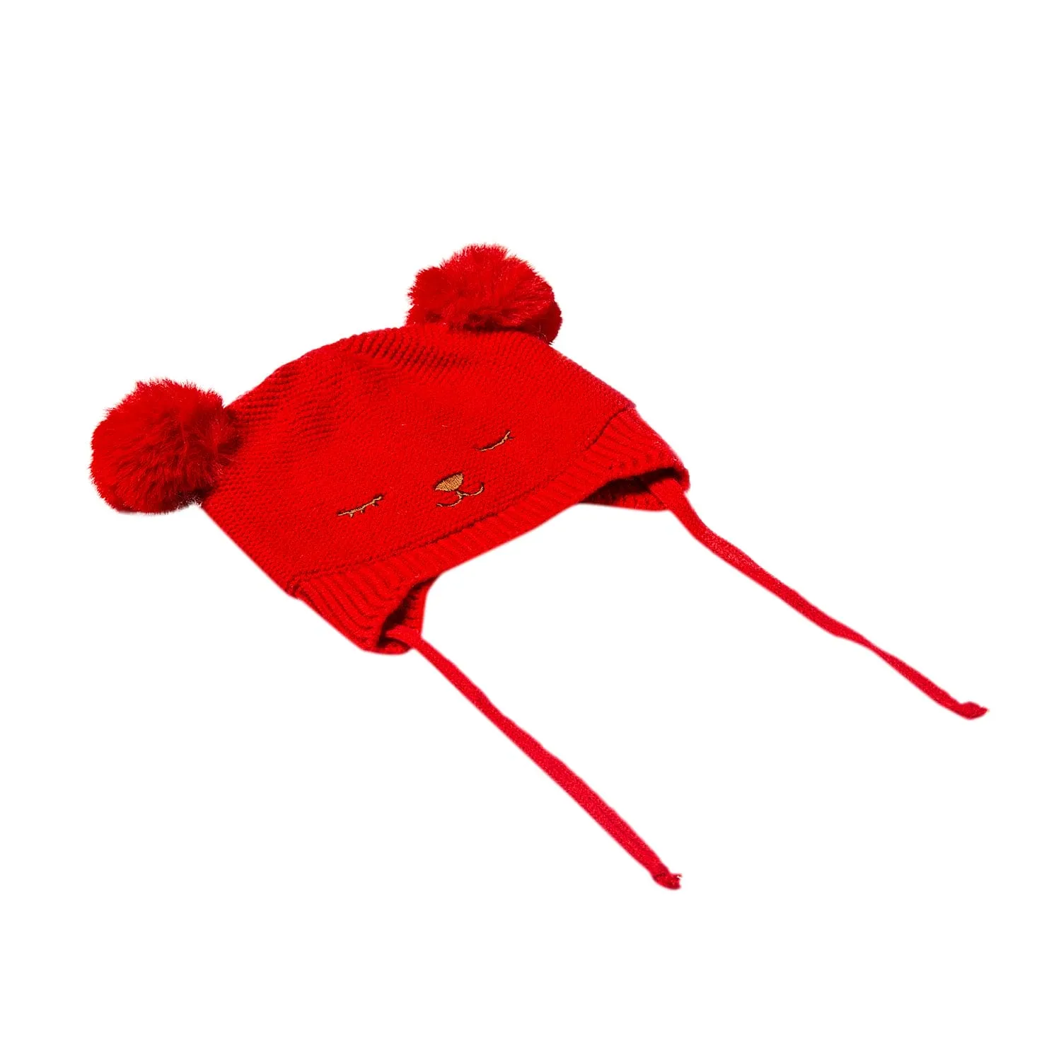 Knit Woollen Cap With Tie Knot For Ear Cover Sleeping Pom Pom Red