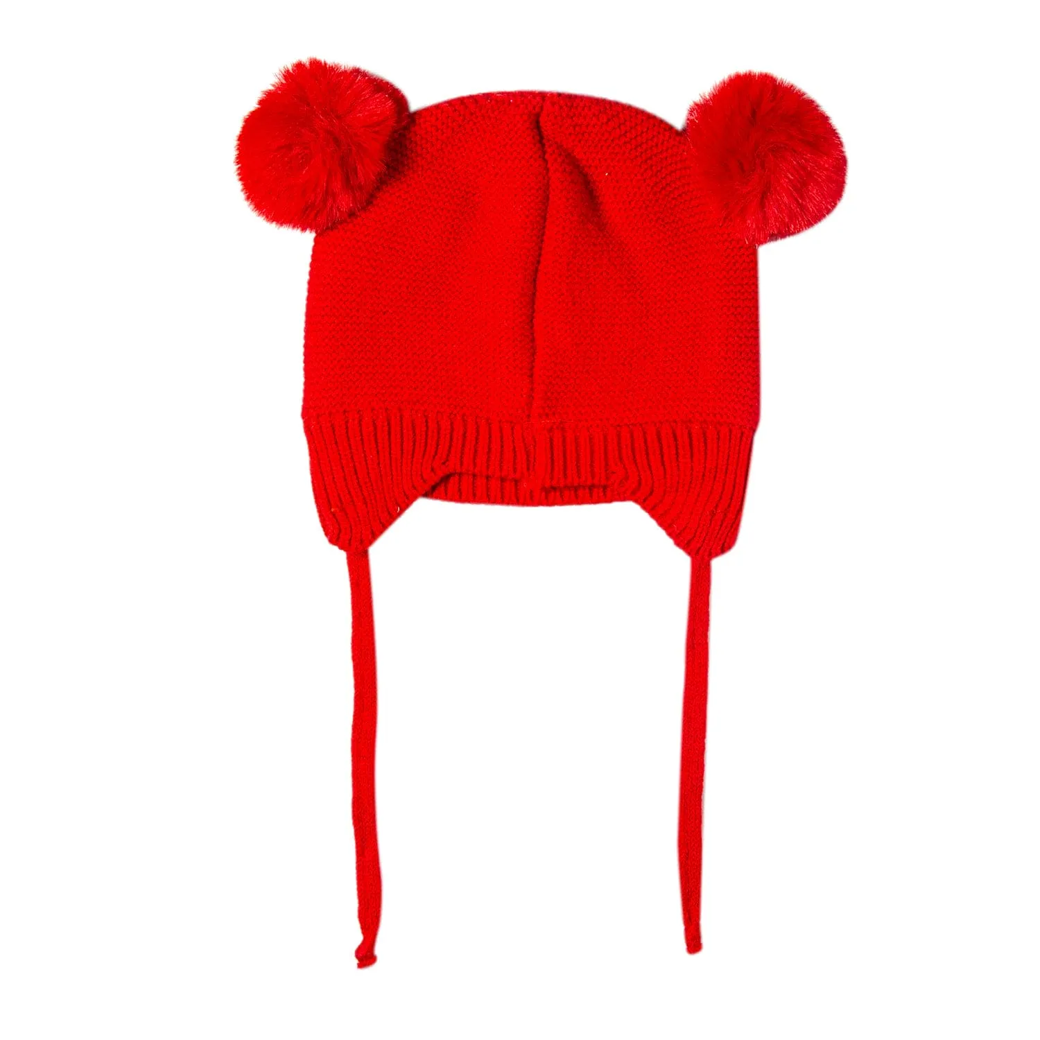 Knit Woollen Cap With Tie Knot For Ear Cover Sleeping Pom Pom Red