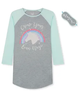 Max & Olivia Big Girl's Long Sleeve Sleepshirt with Sleep Mask 2 Piece Set Gray Size Large