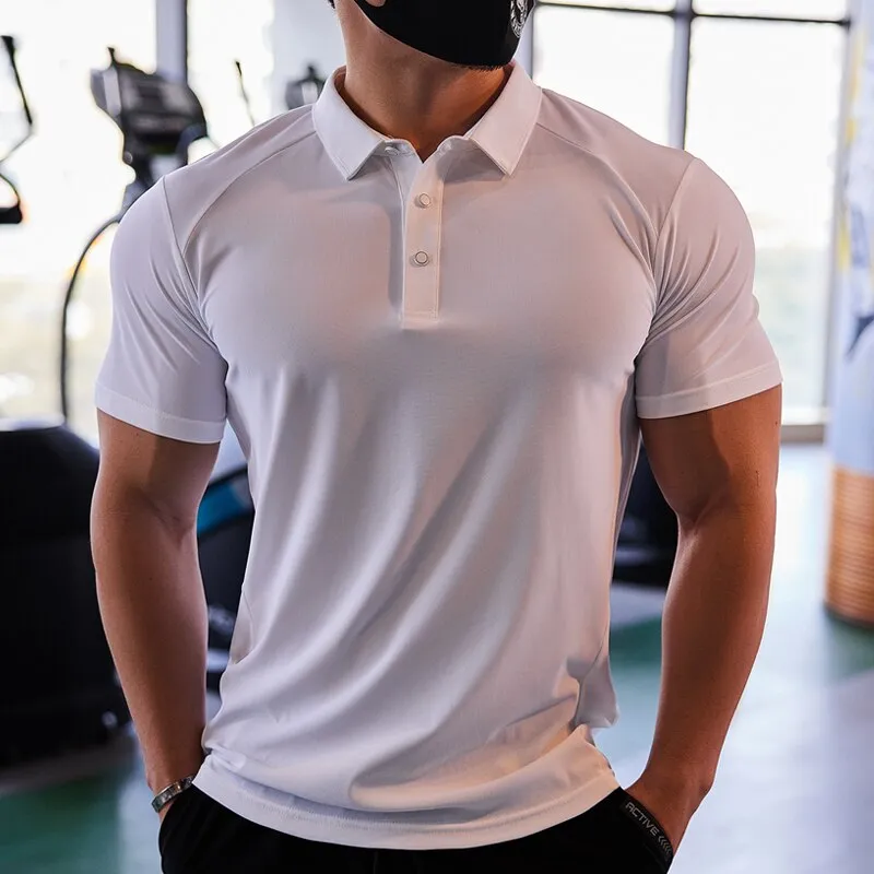 Men Fitness Workout Skinny Short Sleeve T-shirt Male Bodybuilding Tee Shirt Sports Polos Lapel Casual Sports Quick Dry Clothes