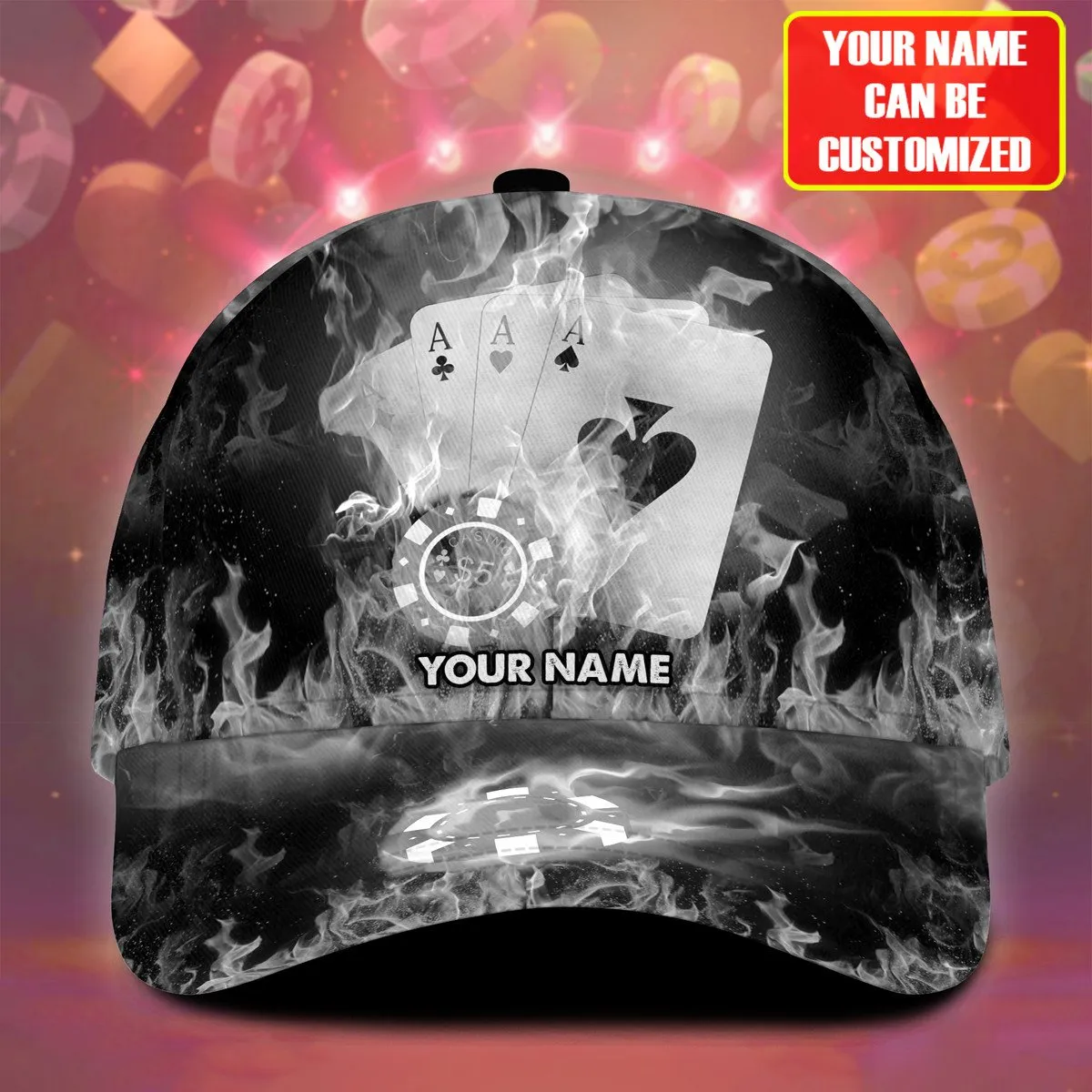 Personalized Name Multi Color Fire Poker Classic Cap, Poker On Fire Hat for Men