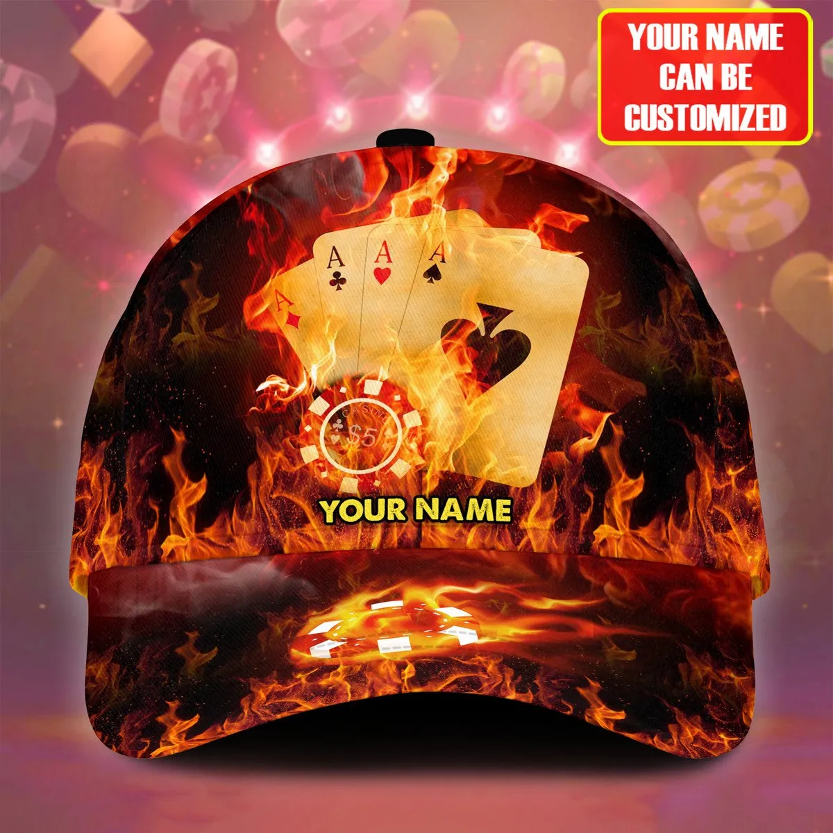 Personalized Name Multi Color Fire Poker Classic Cap, Poker On Fire Hat for Men