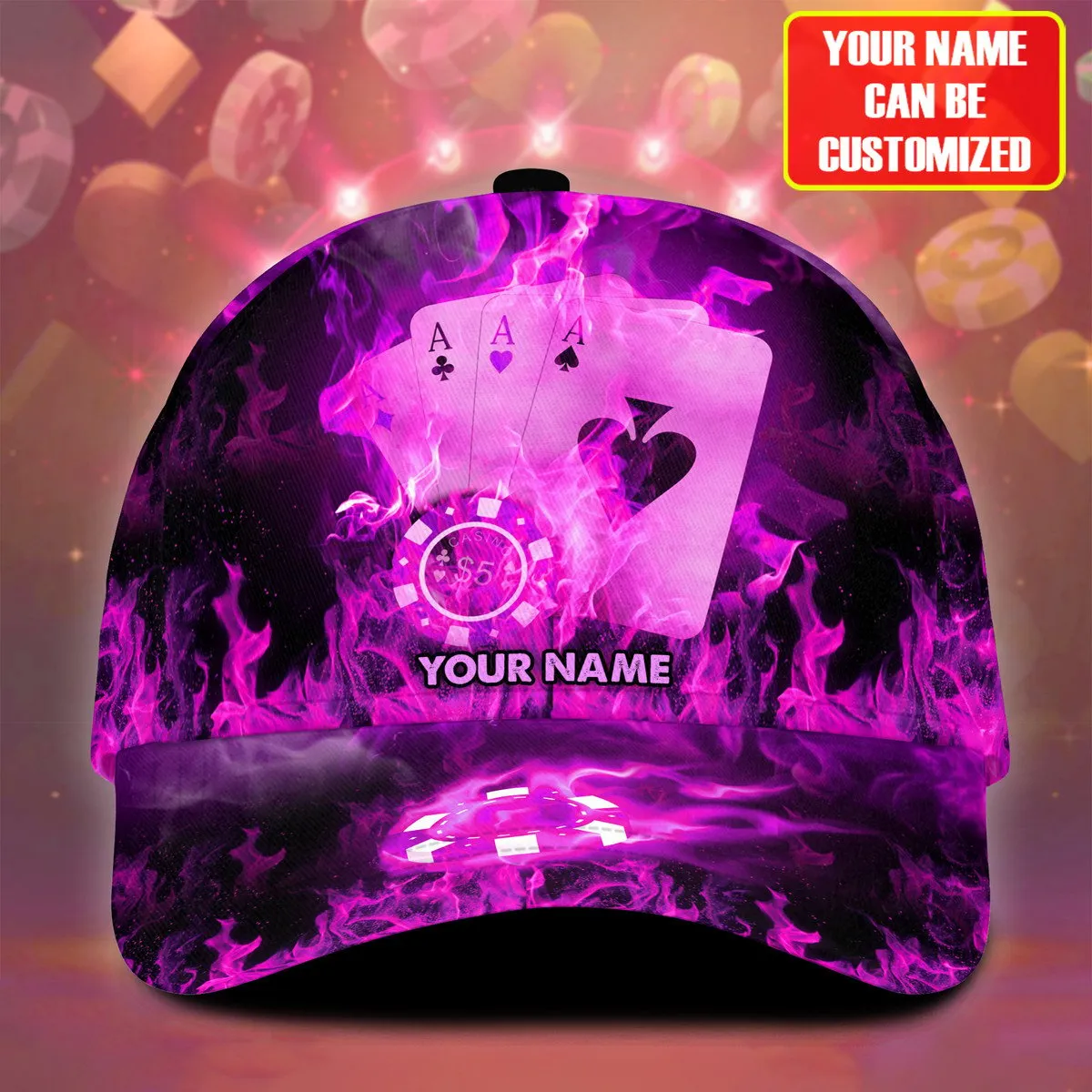 Personalized Name Multi Color Fire Poker Classic Cap, Poker On Fire Hat for Men