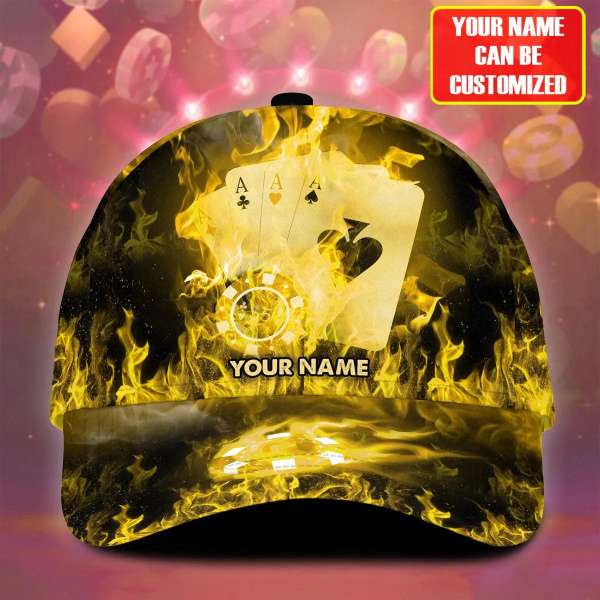 Personalized Name Multi Color Fire Poker Classic Cap, Poker On Fire Hat for Men