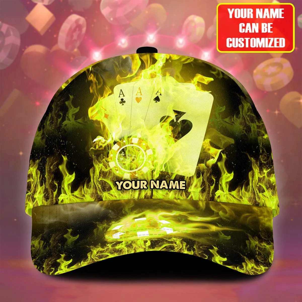 Personalized Name Multi Color Fire Poker Classic Cap, Poker On Fire Hat for Men