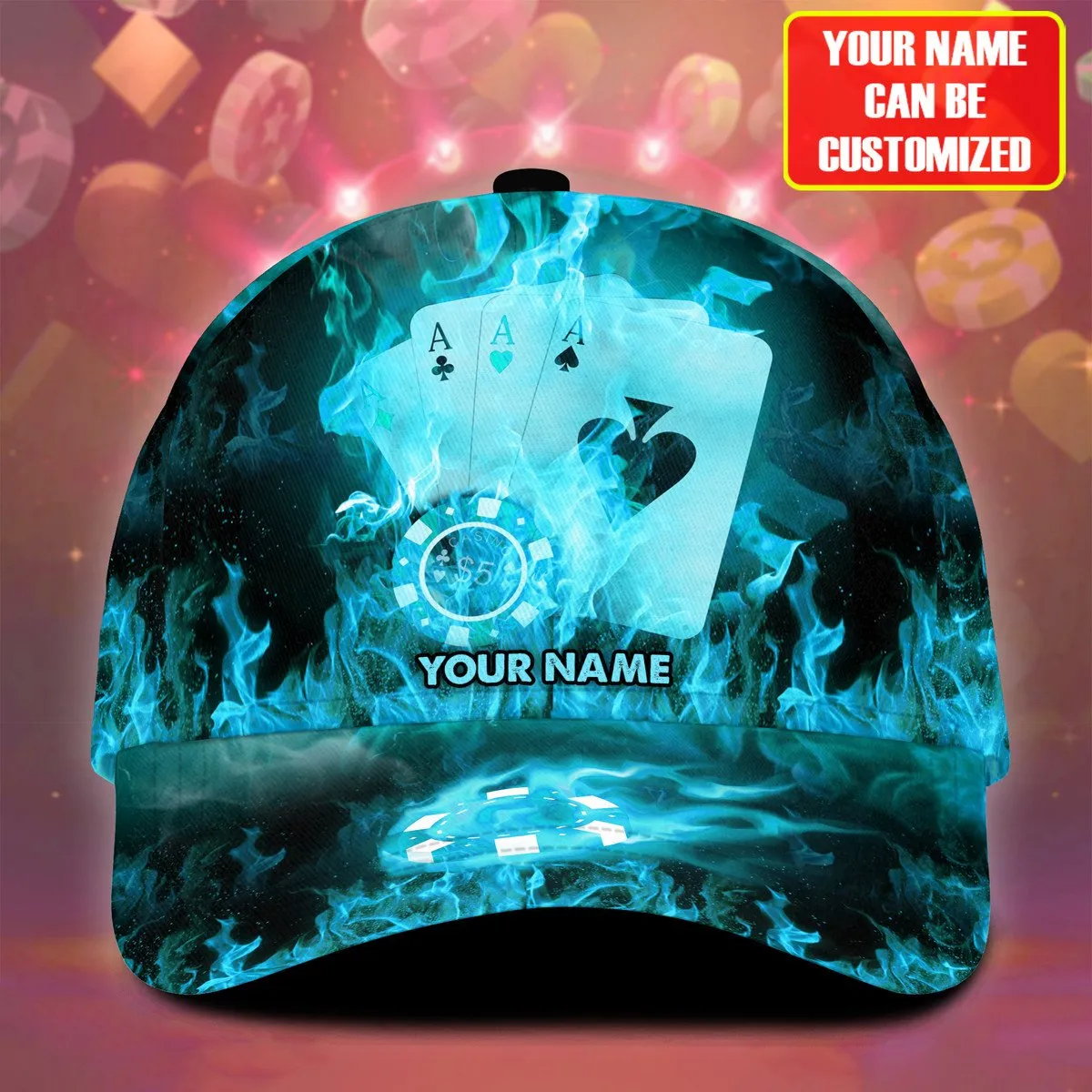 Personalized Name Multi Color Fire Poker Classic Cap, Poker On Fire Hat for Men