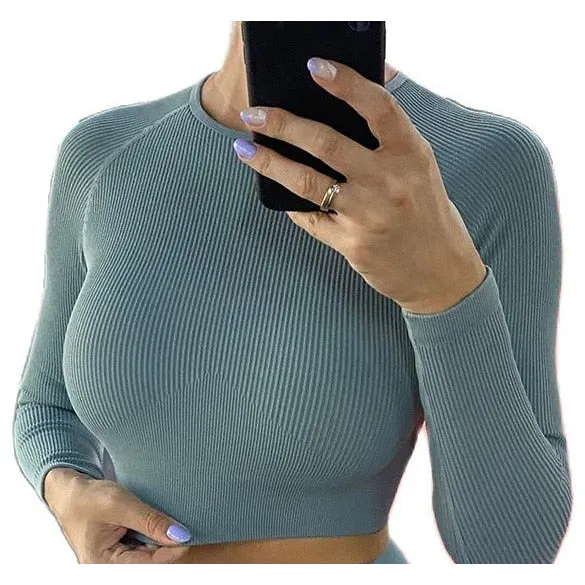 Ribbed Women Yoga Set Seamless Sportwear Top Leggings Fitness Sports Suit Workout Clothes Long Sleeve Sports Gym Cloyhing A069