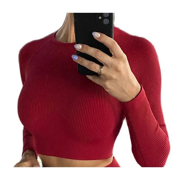 Ribbed Women Yoga Set Seamless Sportwear Top Leggings Fitness Sports Suit Workout Clothes Long Sleeve Sports Gym Cloyhing A069